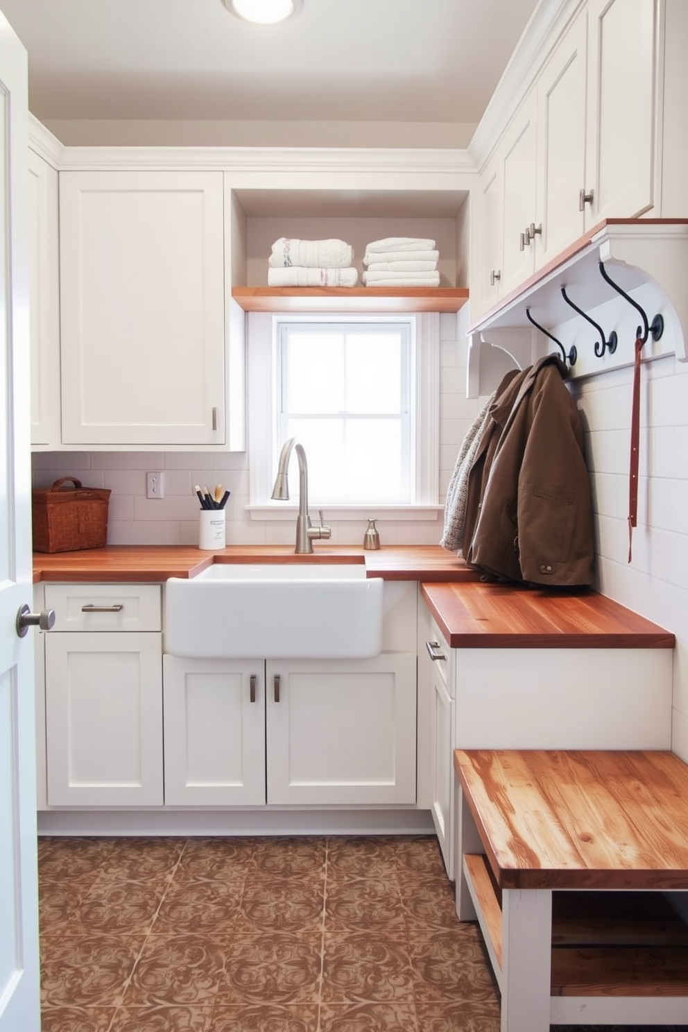 A spacious laundry mudroom features a large farmhouse sink with a sleek brushed nickel faucet. The cabinetry is painted in a soft white color, complemented by a rustic wood countertop that provides ample workspace. The floor is covered in durable, patterned tile that adds charm and practicality. Shelving above the sink holds neatly folded towels and laundry supplies, while a cozy bench with hooks for coats completes the inviting space.