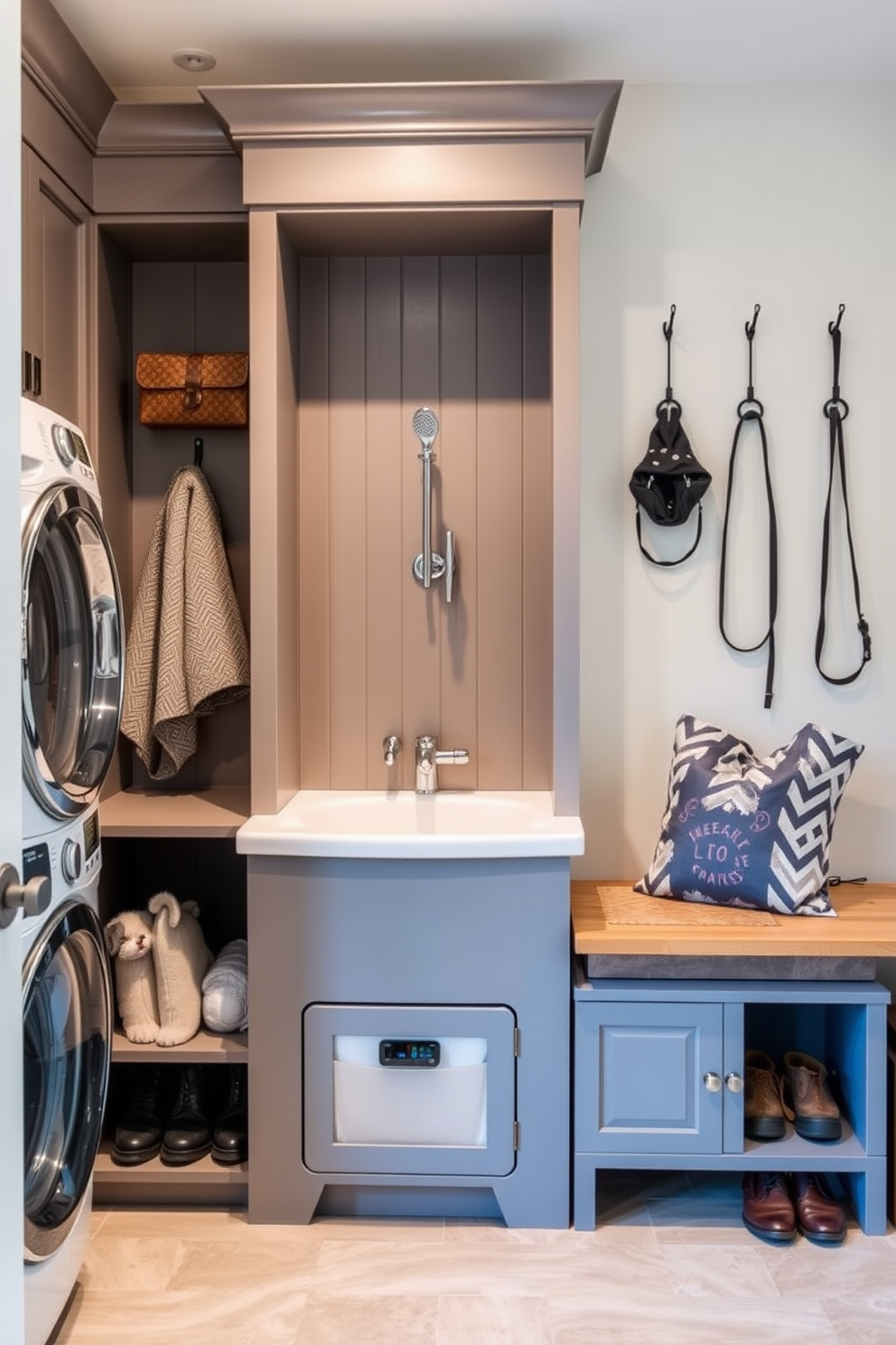 A functional pet wash station is seamlessly integrated into the laundry room. It features a built-in tub with a detachable shower head and storage for pet supplies underneath. The laundry mudroom design combines practicality with style. It includes a bench with storage for shoes and bags, along with wall hooks for coats and leashes.