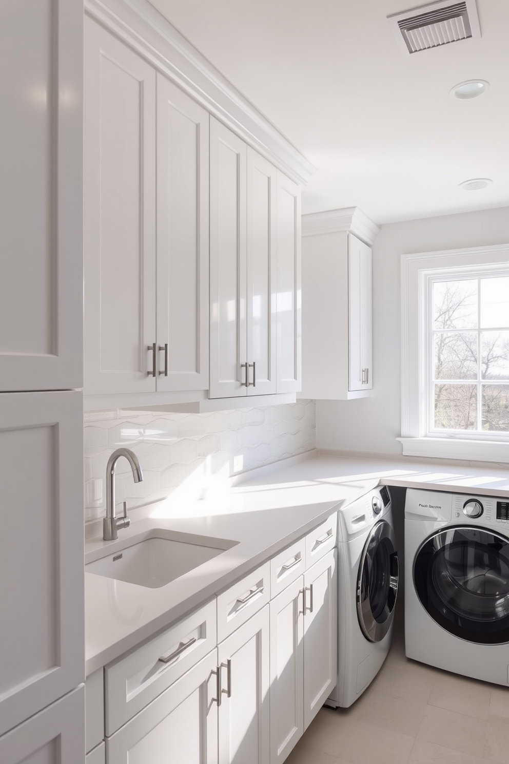 Bright white cabinetry creates a clean and modern aesthetic in the laundry room. The space features sleek countertops and ample storage, ensuring functionality and style. Natural light floods the room through a large window, highlighting the bright finishes. A stylish backsplash complements the cabinetry, adding a touch of elegance to the overall design.