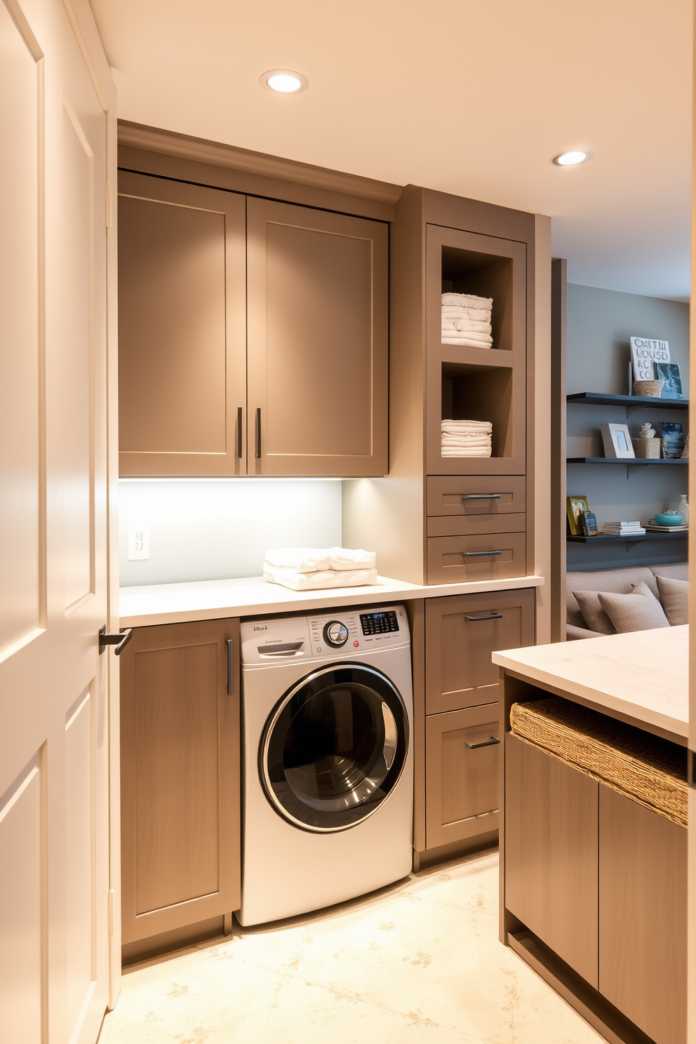 A modern laundry room design featuring hidden appliances seamlessly integrated behind stylish cabinet doors. The space includes a sleek countertop for folding clothes and ample storage for laundry essentials, all in a neutral color palette. The basement area is designed to maximize functionality while maintaining a cozy atmosphere. Soft lighting illuminates the space, which includes a comfortable seating area and decorative shelving to enhance the overall aesthetic.