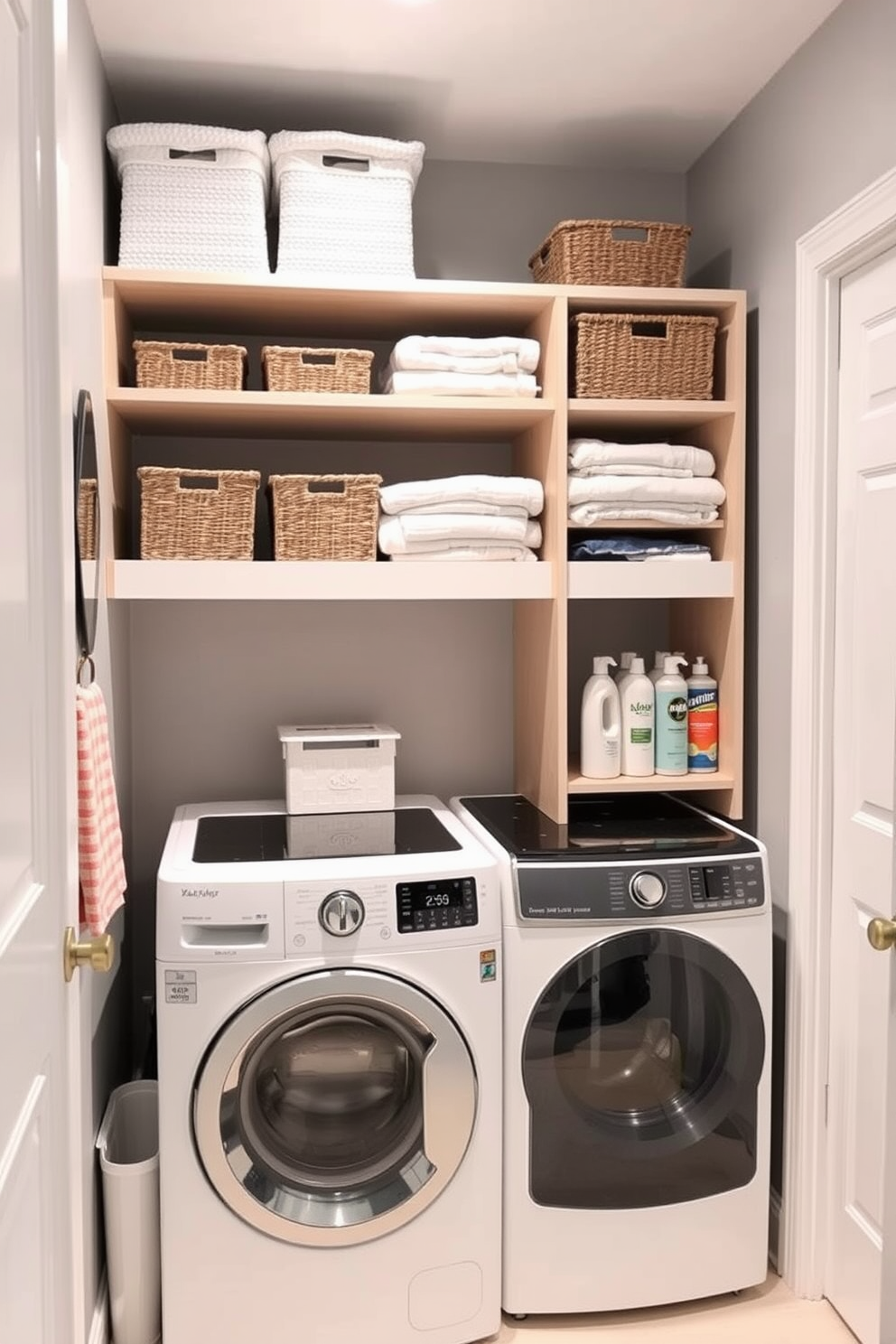 A compact laundry room with vertical storage solutions features open shelving above the washer and dryer, neatly organized with baskets and folded towels. The walls are painted in a light gray hue, and a small folding station is integrated into the design, maximizing functionality in the limited space. In the basement, a cozy laundry area includes a vertical storage unit that holds cleaning supplies and laundry essentials. The design incorporates bright lighting and a cheerful color palette, creating an inviting atmosphere for the often-overlooked space.