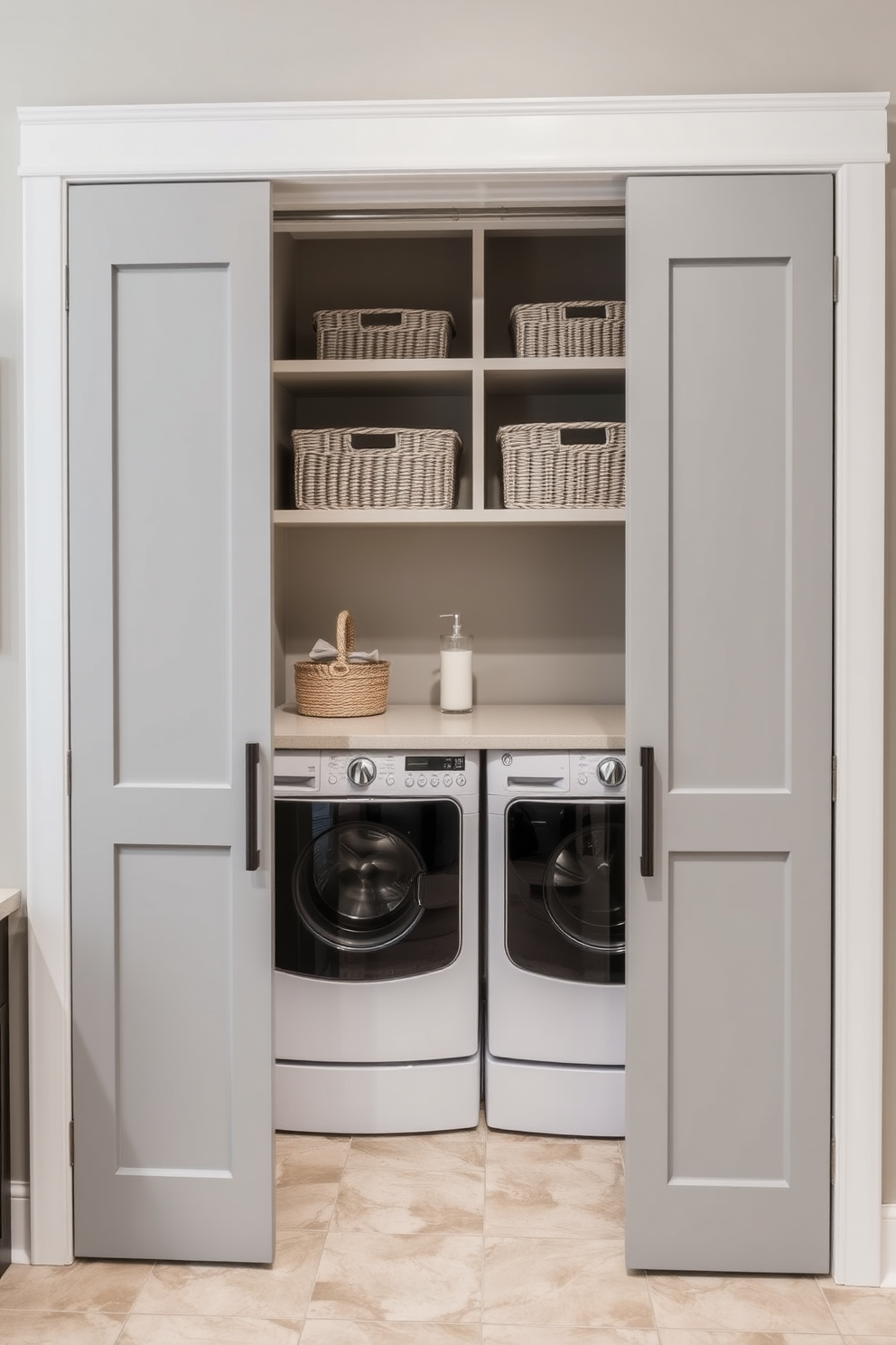 A functional laundry nook features sliding doors that seamlessly blend with the surrounding decor. Inside, there are stacked washer and dryer units with a countertop above for folding clothes. The walls are painted in a soft gray hue, creating a calm atmosphere. Shelving above the appliances holds neatly organized laundry supplies and decorative baskets for added storage.