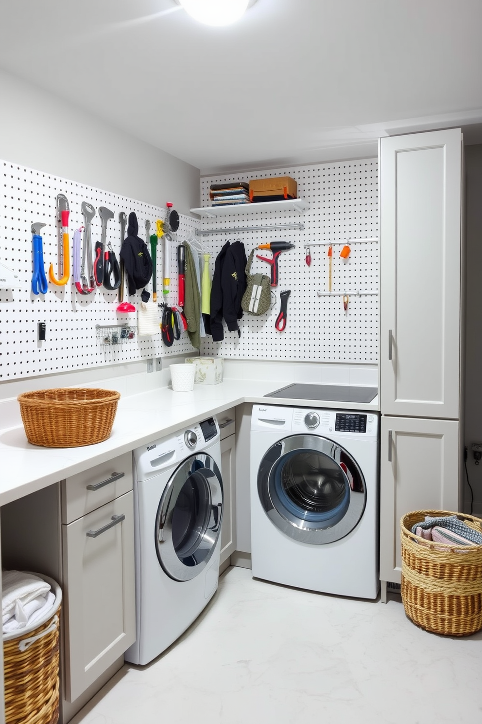 A functional laundry room in the basement featuring a pegboard wall for hanging tools and accessories. The space includes a large countertop for folding clothes and a washer and dryer neatly tucked away in cabinetry. The walls are painted in a soft gray color, creating a bright and airy atmosphere. A durable vinyl floor adds practicality, while decorative baskets provide stylish storage solutions.