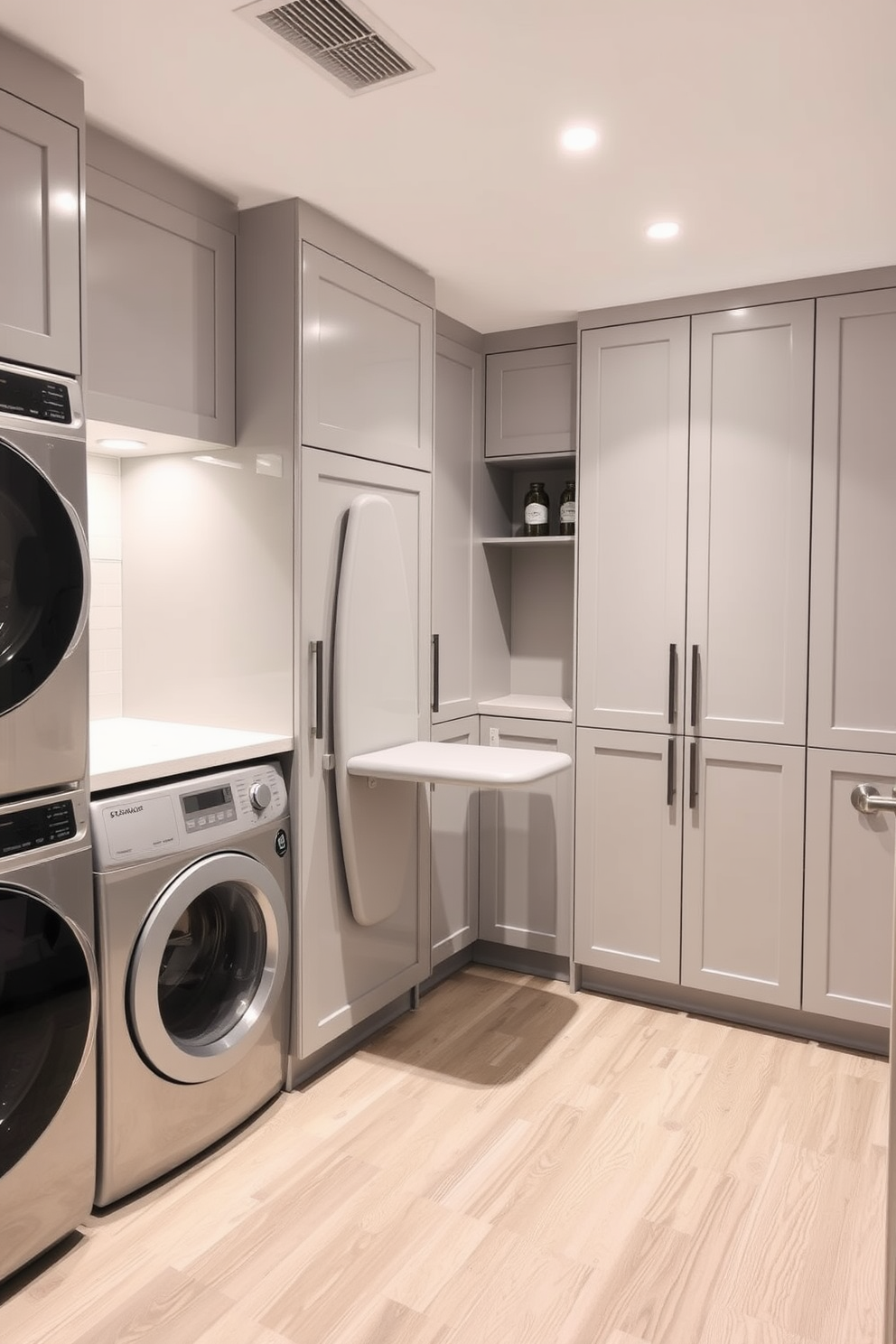 A modern laundry room in a basement setting features sleek cabinetry in a soft gray finish with a built-in ironing board seamlessly integrated into the design. The space is illuminated by recessed lighting, and the floor is covered in durable, water-resistant vinyl planks for easy maintenance.