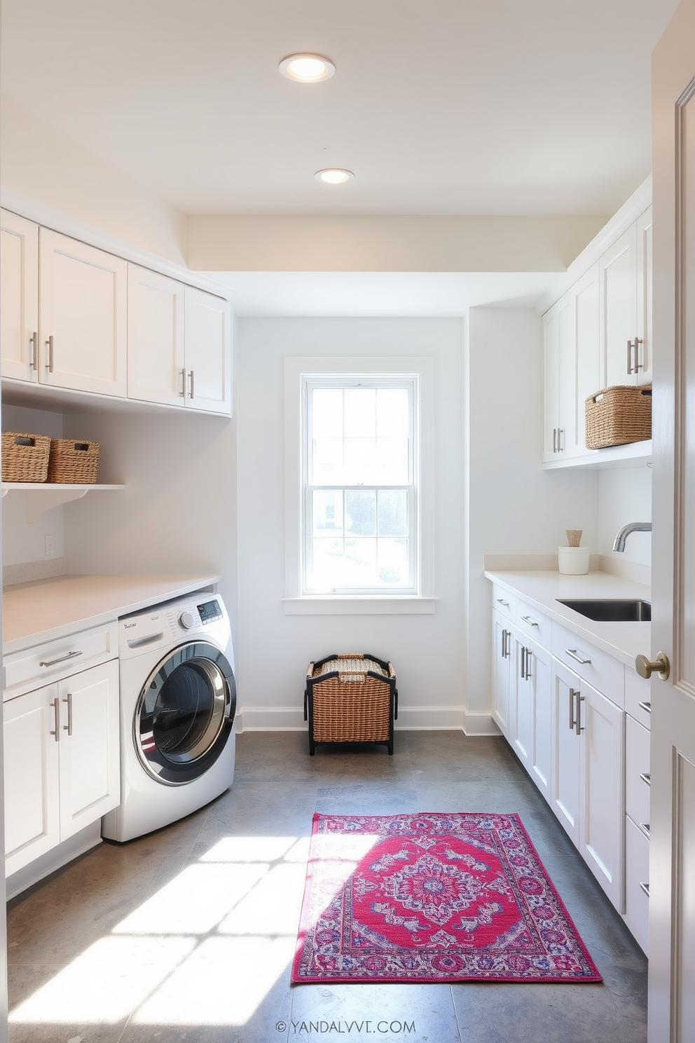 A bright and airy laundry room located in a spacious basement. The room features a large window that allows natural light to flood in, illuminating the white cabinetry and countertops. The laundry appliances are stacked for efficiency, with a stylish folding area beside them. Decorative baskets are neatly arranged on shelves, and a vibrant rug adds a pop of color to the polished concrete floor.