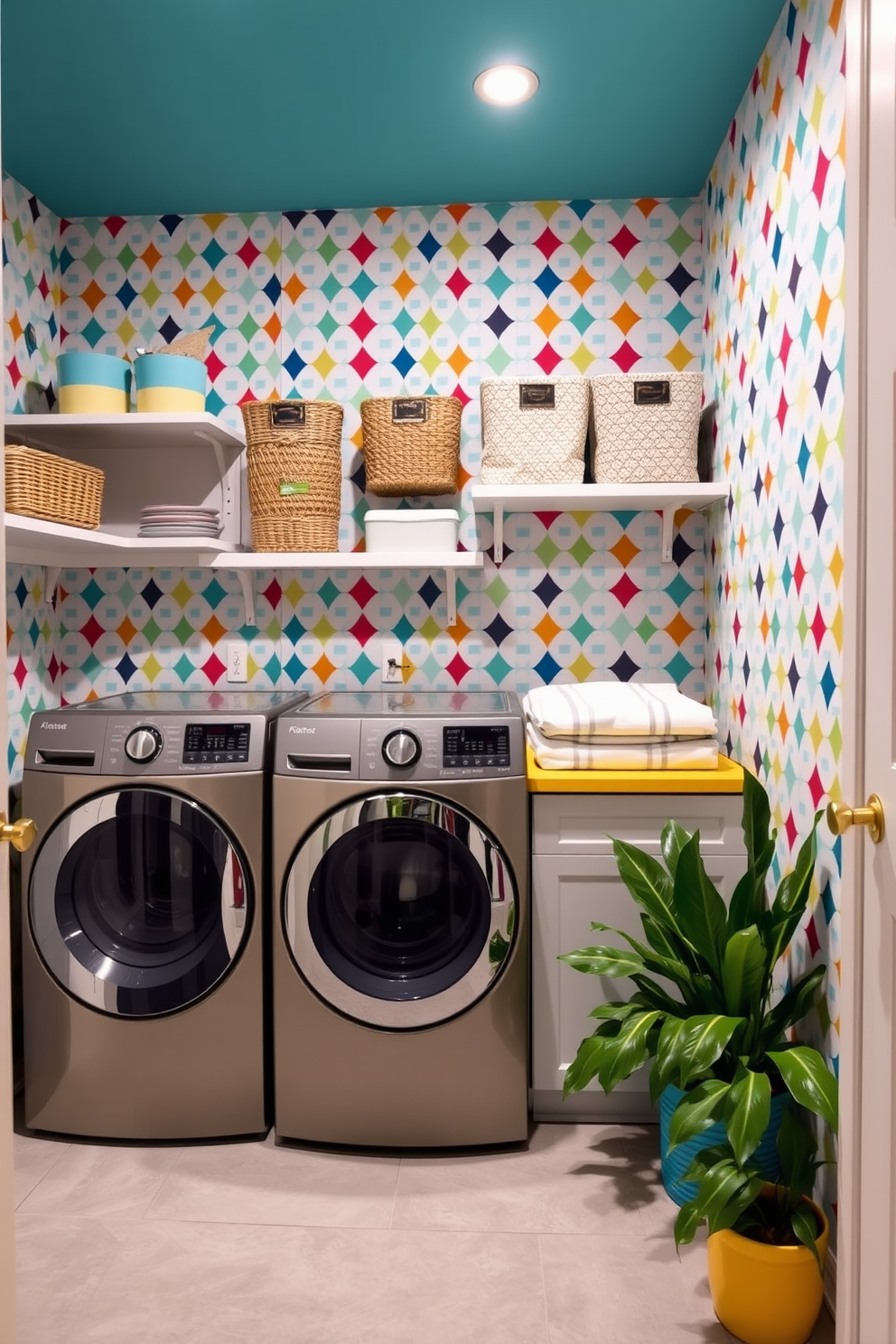 A vibrant laundry room features a playful wallpaper with colorful geometric patterns that add a touch of fun and personality to the space. The room is equipped with modern appliances, including a sleek washer and dryer, and has ample storage solutions with open shelving and decorative baskets. The flooring is a durable, easy-to-clean tile in a light gray tone, complementing the lively wallpaper. A small folding station is set up with a bright countertop, and potted plants bring a refreshing touch of greenery to the basement design.