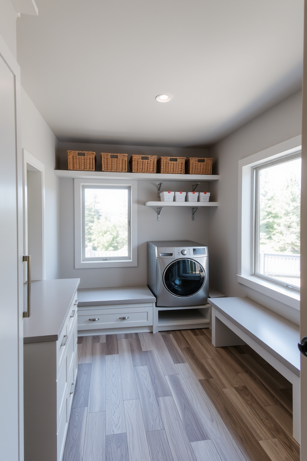 A modern laundry room in the basement featuring a spacious layout with ample natural light. The room includes a sleek countertop for folding clothes and a built-in bench that offers both seating and storage underneath. The walls are painted in a soft gray, creating a calming atmosphere, while the floor is covered in durable vinyl planks for easy maintenance. Stylish baskets are neatly arranged on the shelves above the bench, and a large window provides a view of the outdoors, enhancing the overall design.