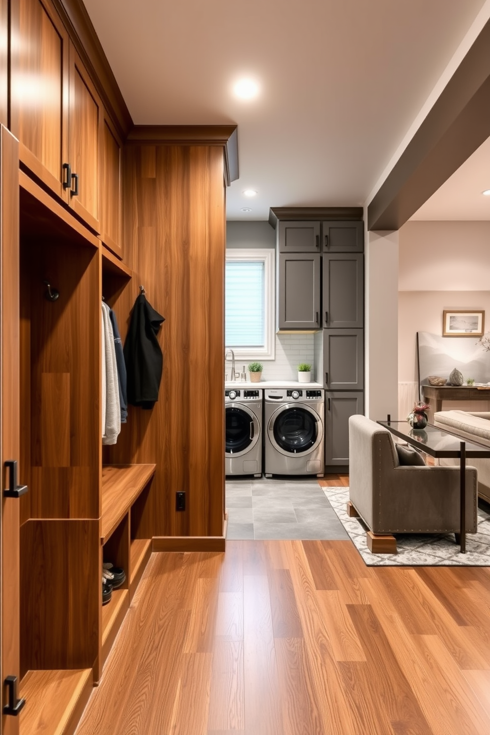 Create a mudroom area designed for shoes and coats. The space features built-in cubbies with hooks for hanging coats and a bench for sitting, all in a warm wood finish. In the laundry room, include a large countertop for folding clothes and a sink for handwashing. The room is equipped with modern appliances and storage cabinets in a soft gray color. For the basement design, envision a cozy entertainment area with a large sectional sofa and a coffee table. Soft lighting and a wet bar create an inviting atmosphere for relaxation and gatherings.