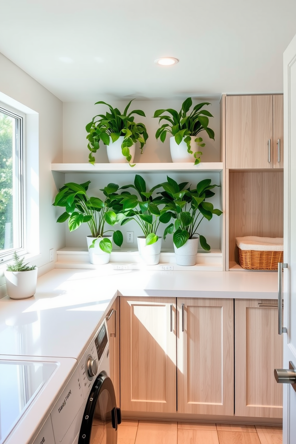 A bright and inviting laundry room located in the basement features a spacious countertop for folding clothes. Lush green plants are placed on the shelves, adding a fresh and vibrant touch to the space. The walls are painted in a soft white hue, complemented by sleek cabinetry in a light wood finish. A large window allows natural light to filter in, enhancing the overall warmth of the room.