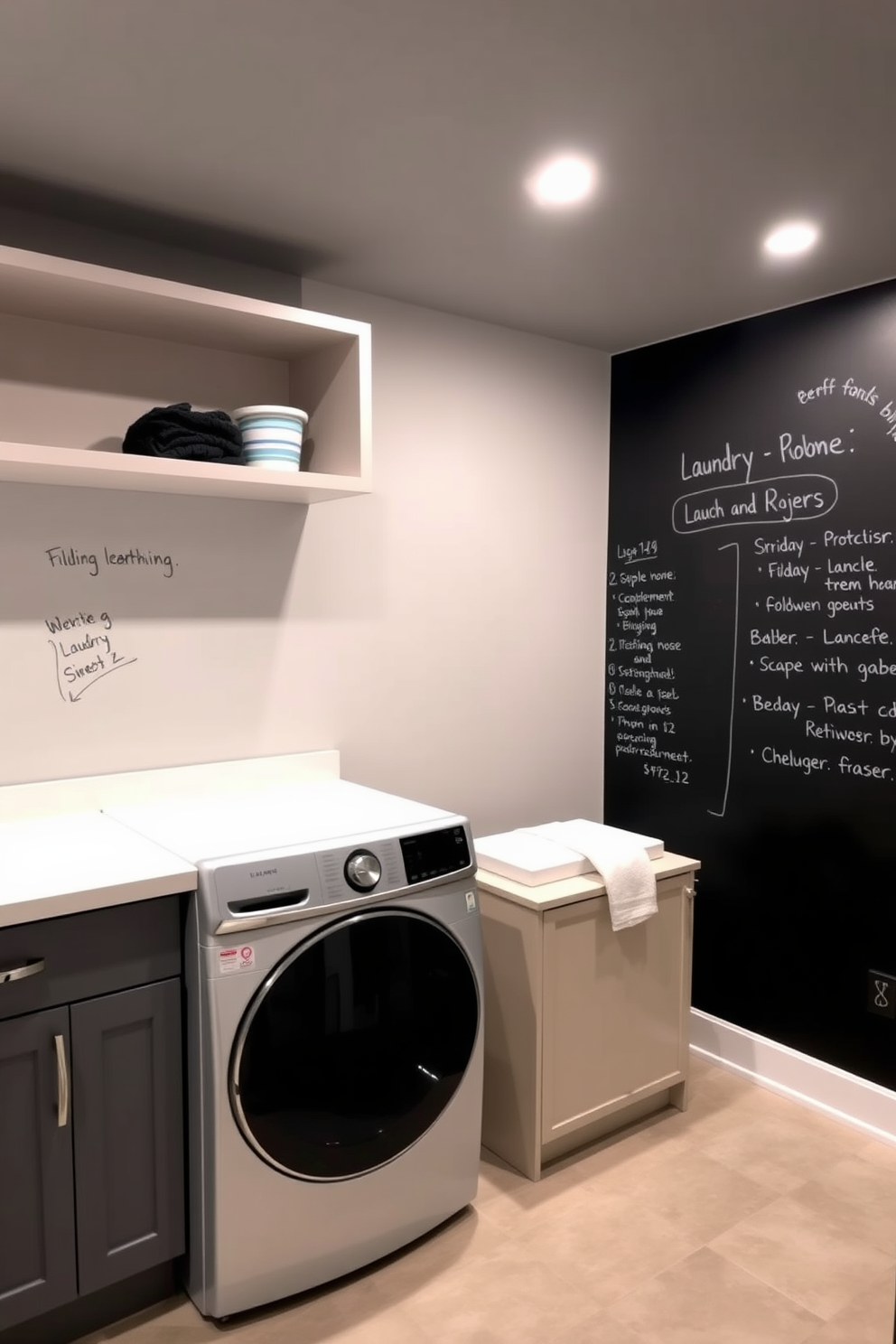 A functional laundry room in the basement features a large chalkboard wall for reminders and notes. The space includes a sleek washer and dryer side by side, with ample countertop space for folding laundry. The walls are painted in a soft gray tone, creating a calming atmosphere. Bright task lighting illuminates the area, while open shelving above the machines provides storage for laundry essentials.