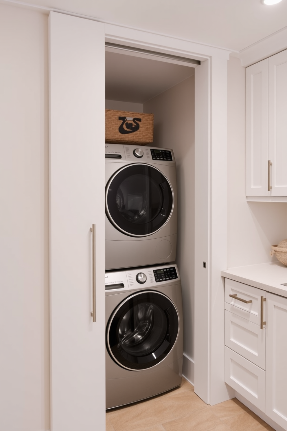 A modern laundry room in the basement features a sleek pocket door that seamlessly blends into the wall, maximizing space efficiency. The room is equipped with a stylish washer and dryer set, surrounded by built-in cabinetry for storage and organization.