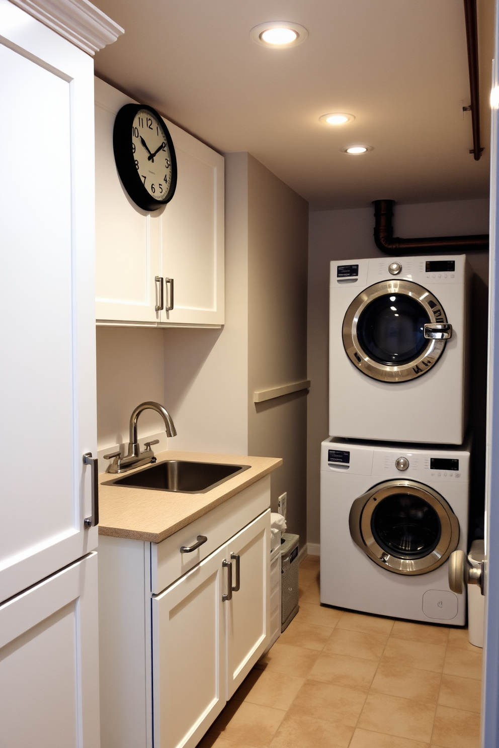 A functional laundry room in a basement setting. The space features a large, white cabinet for storage, with a countertop for folding clothes and a deep sink for hand-washing. On the opposite wall, a washer and dryer are neatly stacked, maximizing floor space. A large clock is mounted above the appliances for practicality, while a soft, warm light illuminates the room.