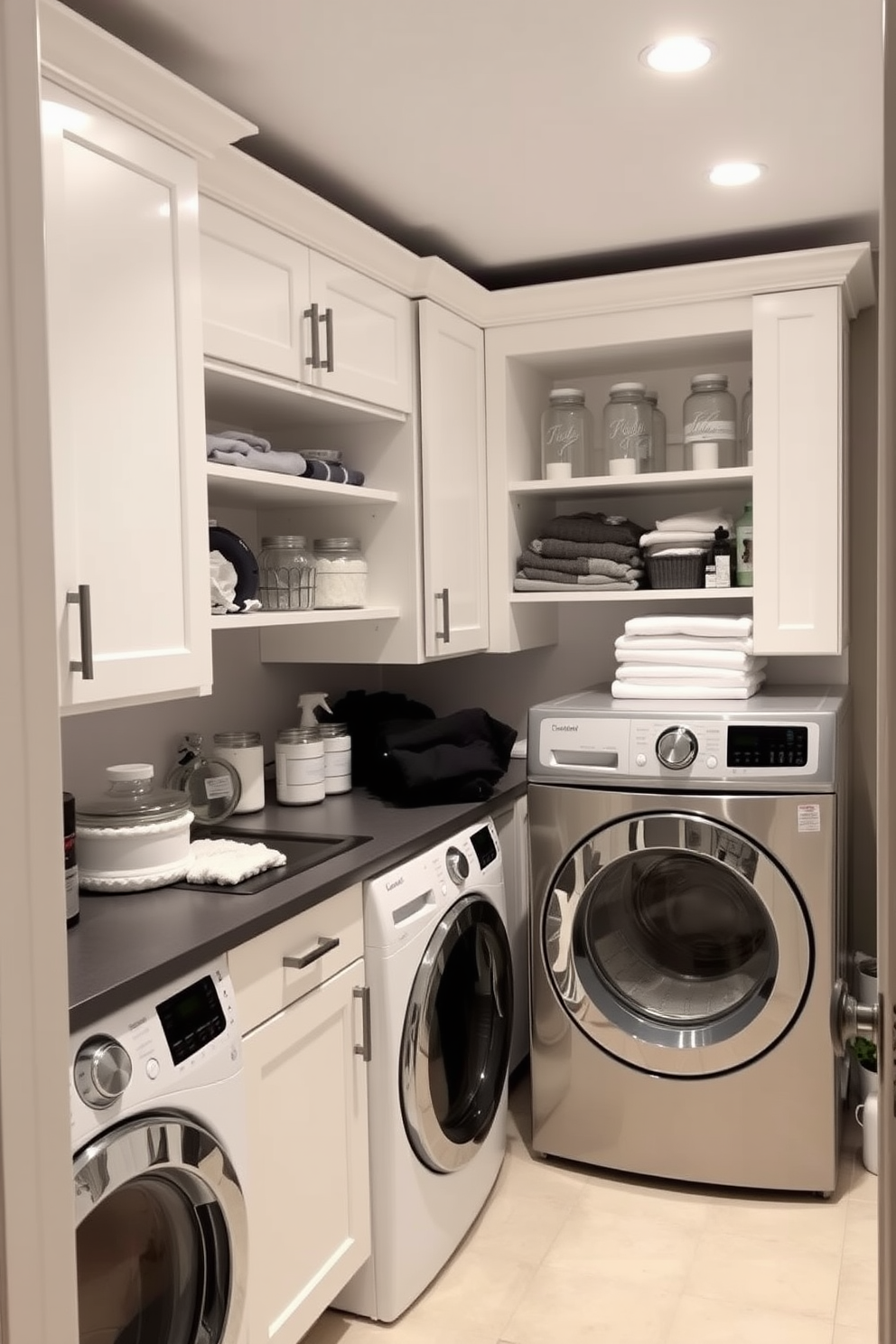 A modern laundry room in the basement featuring clear jars for storing laundry supplies. The space is bright and organized with white cabinetry and a countertop for sorting clothes.