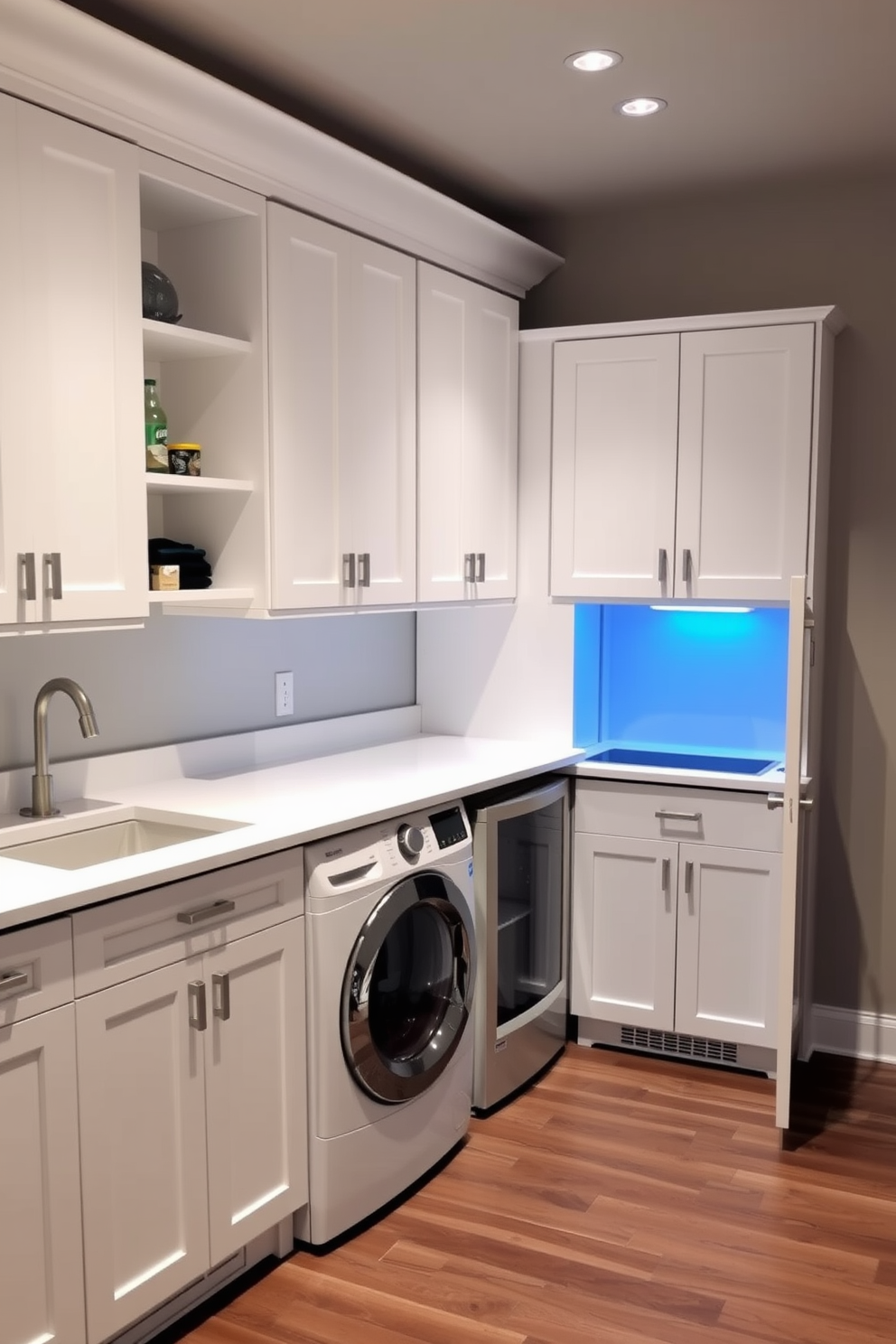 A modern laundry room in a basement setting features a sleek white cabinetry with ample storage space. A compact washer and dryer are neatly integrated, while a small fridge for refreshments is tucked into the corner, providing convenience during laundry tasks. The walls are painted in a soft gray tone, creating a calming atmosphere. A large utility sink sits beside the appliances, and a stylish countertop extends over the machines for folding clothes, enhancing functionality.