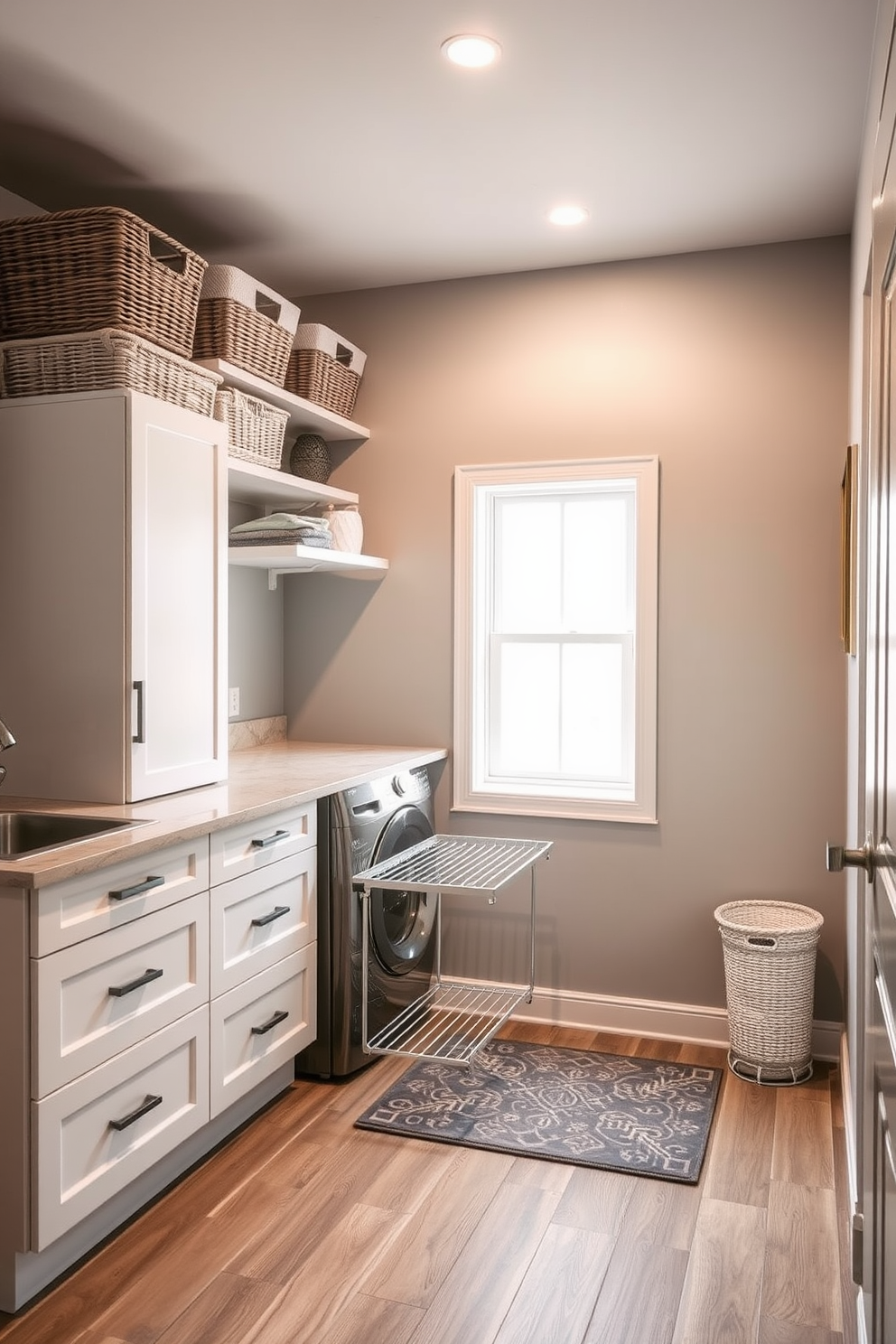 A modern laundry room in a basement with a pull-out drying rack installed under a spacious countertop. The walls are painted in a light gray color, and the floor features durable vinyl planks in a wood finish. Bright overhead lighting illuminates the space, creating a warm and inviting atmosphere. Shelves above the countertop hold neatly organized baskets and laundry supplies, while a stylish rug adds a touch of comfort underfoot.