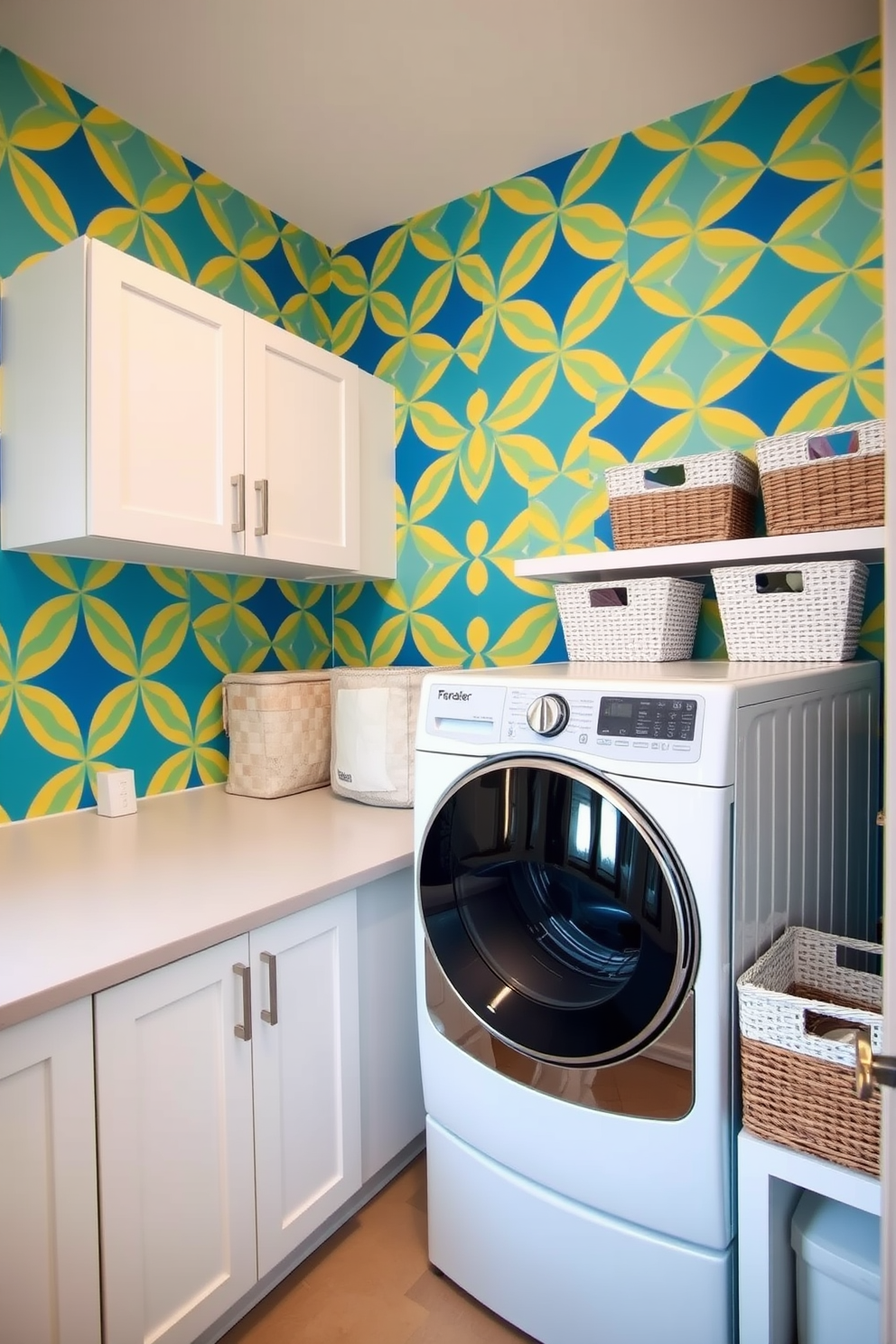 A vibrant accent wall in a laundry room creates a lively atmosphere. The wall features a bold geometric pattern in shades of blue and yellow, adding a playful touch to the space. The laundry area is designed with sleek white cabinetry for storage and a spacious countertop for folding clothes. A stylish washer and dryer set sits side by side, complemented by decorative baskets for organization.