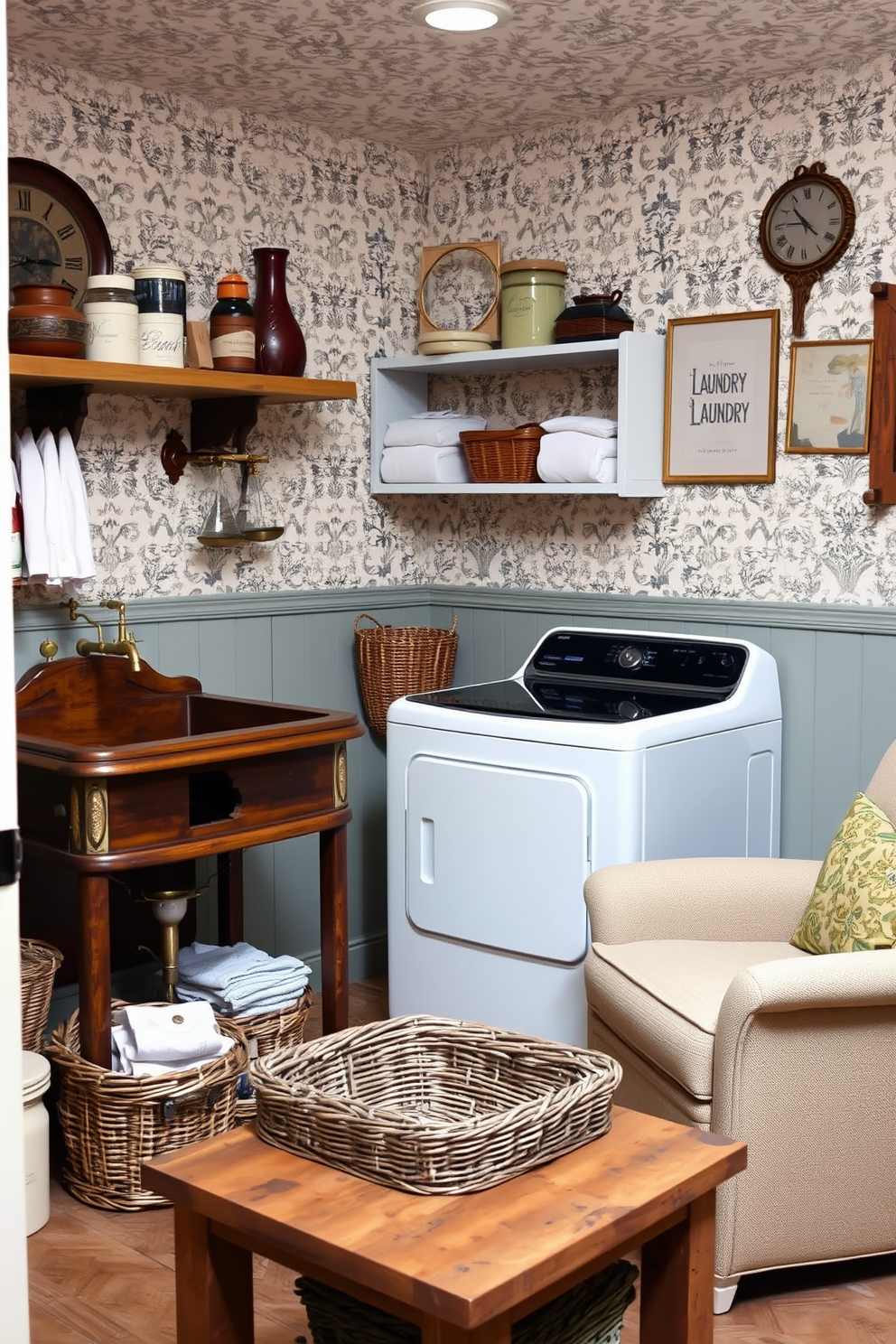 A charming laundry room in the basement features vintage decor elements that add character and warmth. The space includes a classic wooden wash basin with a distressed finish, complemented by antique brass fixtures and a retro-style washing machine. The walls are adorned with patterned wallpaper that evokes a sense of nostalgia, while open shelving displays vintage laundry essentials and decorative jars. A rustic wooden table serves as a folding station, surrounded by wicker baskets for organization and a cozy armchair for relaxation.