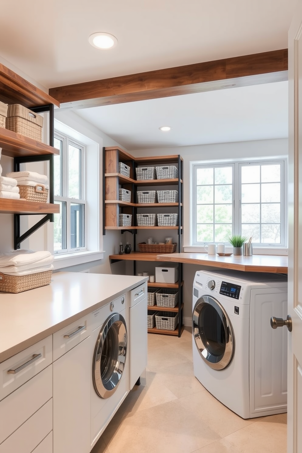 Open shelving lines the walls of a spacious laundry room, providing easy access to neatly organized supplies and essentials. The shelves are crafted from reclaimed wood, adding warmth to the modern design, while a sleek countertop offers ample space for folding clothes. The basement laundry area features a bright and airy atmosphere, with large windows allowing natural light to flood in. Stylish storage bins and baskets are placed on the open shelves, creating a functional yet aesthetically pleasing environment.