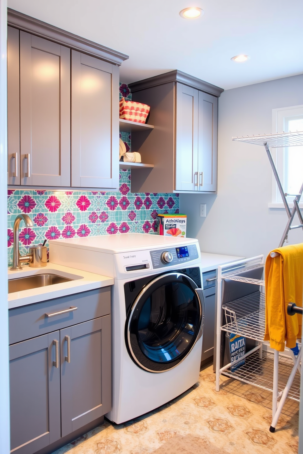 A stylish backsplash featuring vibrant patterned tiles adds a pop of color to the laundry room. The space is designed with ample storage, including sleek cabinets and a countertop for folding clothes, creating a functional yet aesthetically pleasing environment. The basement laundry room is illuminated with bright lighting, enhancing the cheerful atmosphere. A practical sink is integrated into the design, alongside a stylish drying rack, making laundry tasks more efficient and enjoyable.