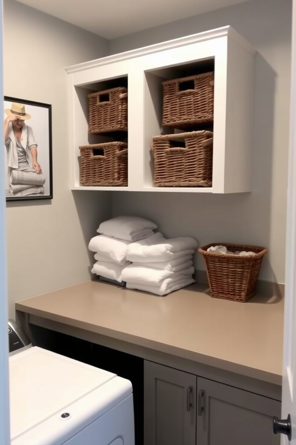 A functional laundry room in a basement setting. There are stylish wicker baskets neatly arranged on shelves for organized laundry storage. The walls are painted in a soft gray tone, creating a calm atmosphere. A large countertop made of durable laminate provides ample space for folding clothes.