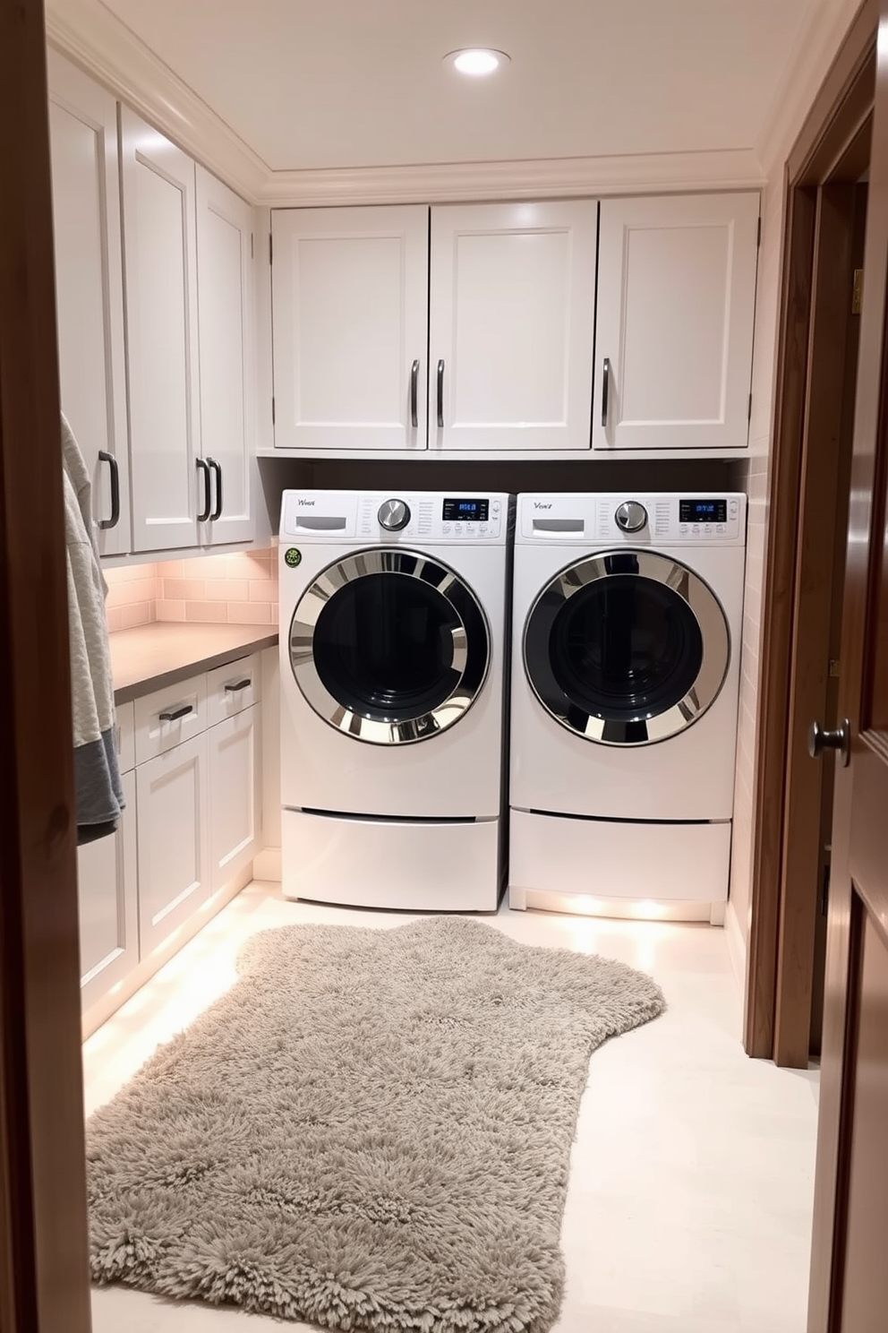 A cozy laundry room in the basement with ample storage and functionality. The space features a large countertop for folding clothes, with cabinets above and below for organization. A washing machine and dryer are neatly tucked away, surrounded by soft lighting that creates an inviting atmosphere. A plush, textured rug lies beneath the folding area, adding warmth and comfort to the design.