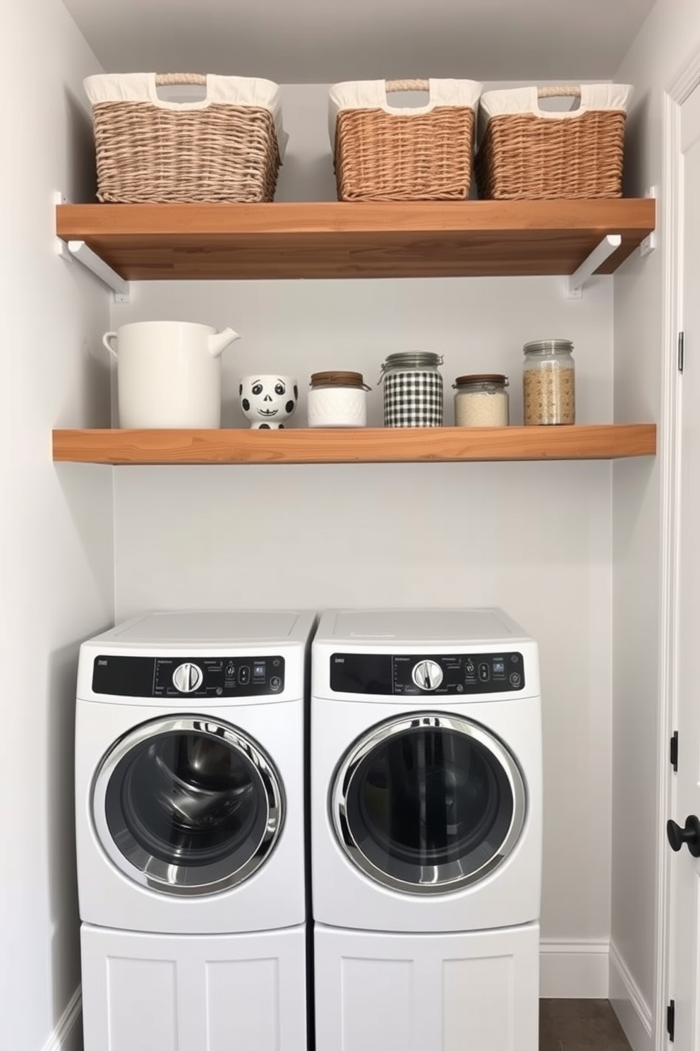 A modern farmhouse laundry room features open shelving made of reclaimed wood, showcasing neatly arranged baskets and decorative storage jars. Below the shelves, a sleek cabinet design in white with black hardware offers ample storage while maintaining a clean aesthetic.