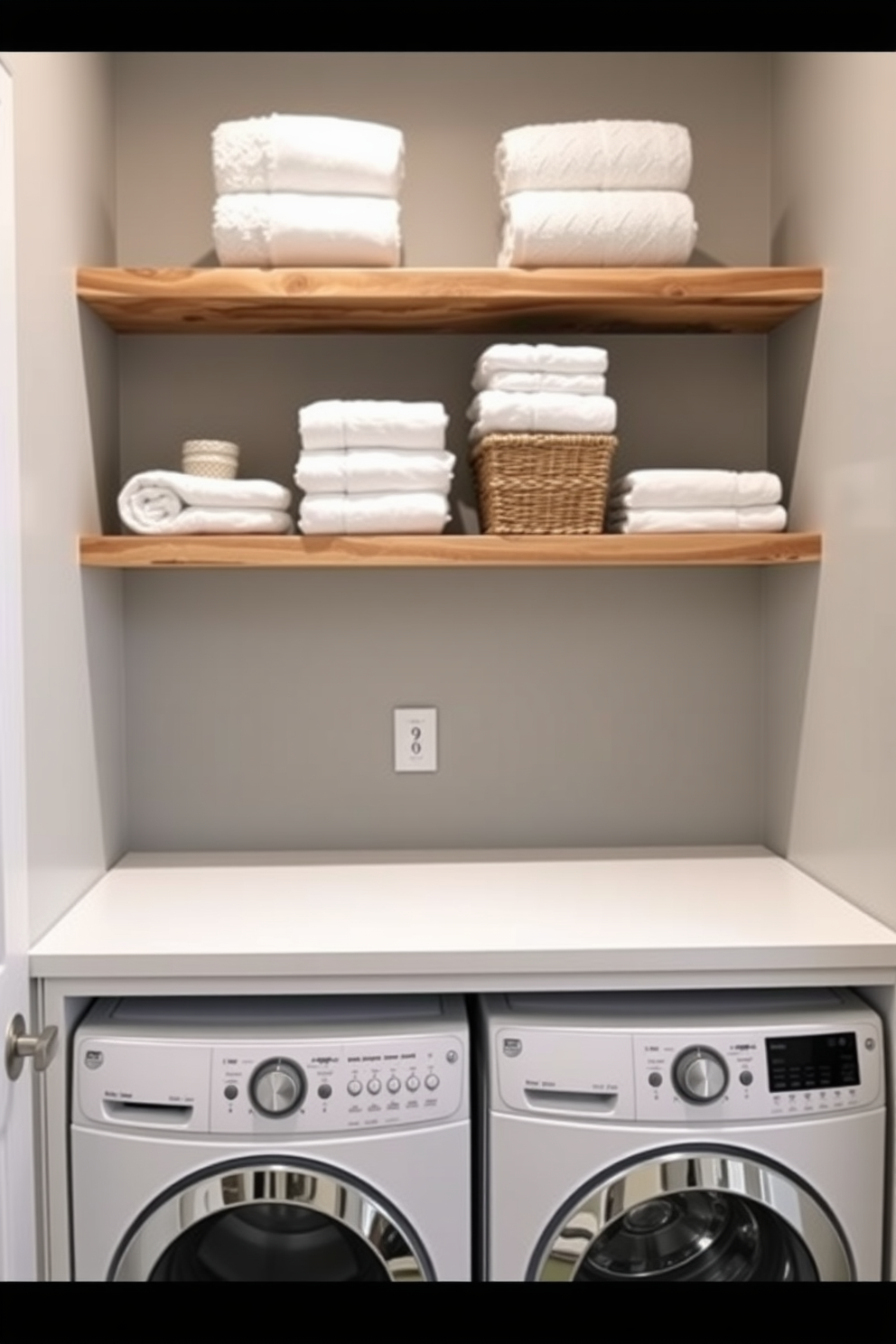 A modern laundry room featuring floating shelves above the washer and dryer. The shelves are made of reclaimed wood and are adorned with neatly folded towels and decorative baskets. The cabinetry is sleek and minimalistic with a glossy white finish. A stylish countertop extends over the cabinets, providing additional workspace for folding clothes.