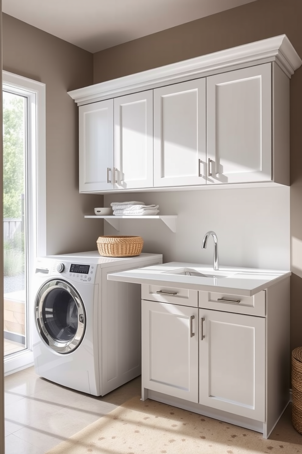 Multi-functional cabinets with a fold-down table create an efficient and stylish laundry room. The cabinets are designed in a sleek white finish, featuring ample storage space for laundry essentials and a fold-down table that provides a convenient workspace. The room is illuminated by natural light streaming in through a large window, enhancing the bright and airy atmosphere. A decorative basket sits on top of the cabinets, adding a touch of warmth and texture to the modern design.