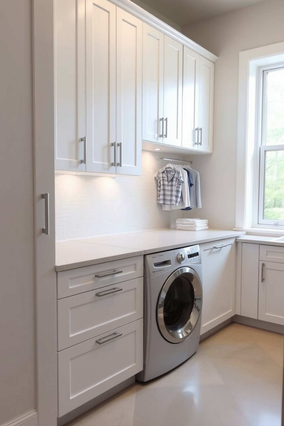 A modern laundry room featuring cabinets with integrated lighting that illuminates the workspace. The cabinetry is sleek and minimalistic, with a soft white finish and brushed nickel handles. The room includes a large countertop for folding clothes, complemented by a stylish backsplash in a subtle geometric pattern. Natural light floods in through a window, enhancing the bright and airy atmosphere of the space.