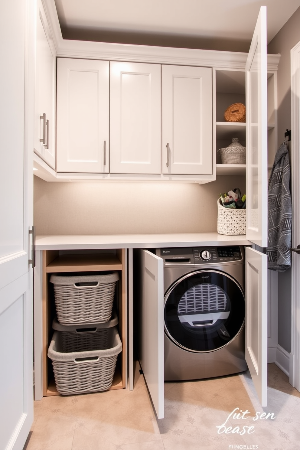 A stylish laundry room featuring custom cabinetry that includes convenient pullouts for laundry baskets. The cabinetry is finished in a soft white with sleek handles, complementing the light gray walls and a durable tile floor.