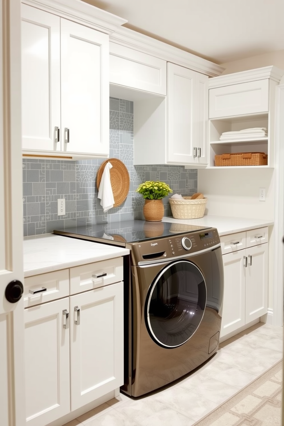 A laundry room featuring shaker style cabinets that exude timeless appeal. The cabinets are painted in a soft white hue, providing a clean and classic look while offering ample storage space for laundry essentials. The countertop is a durable quartz surface, perfect for folding clothes and organizing supplies. A stylish backsplash in a muted blue tone adds a touch of color, complementing the shaker cabinets beautifully.