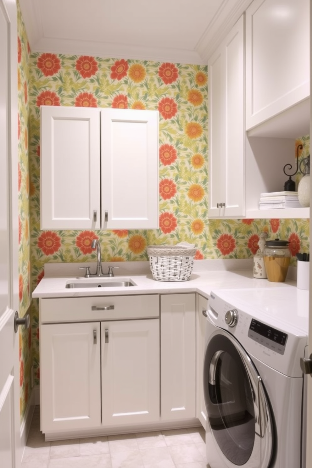 A bright laundry room featuring bold patterned wallpaper that adds a vibrant touch to the space. Simple cabinets in a crisp white finish provide ample storage while complementing the lively wallpaper. The countertops are made of durable quartz, offering a sleek workspace for laundry tasks. A stylish laundry basket and decorative items sit atop the counters, enhancing the overall aesthetic of the room.