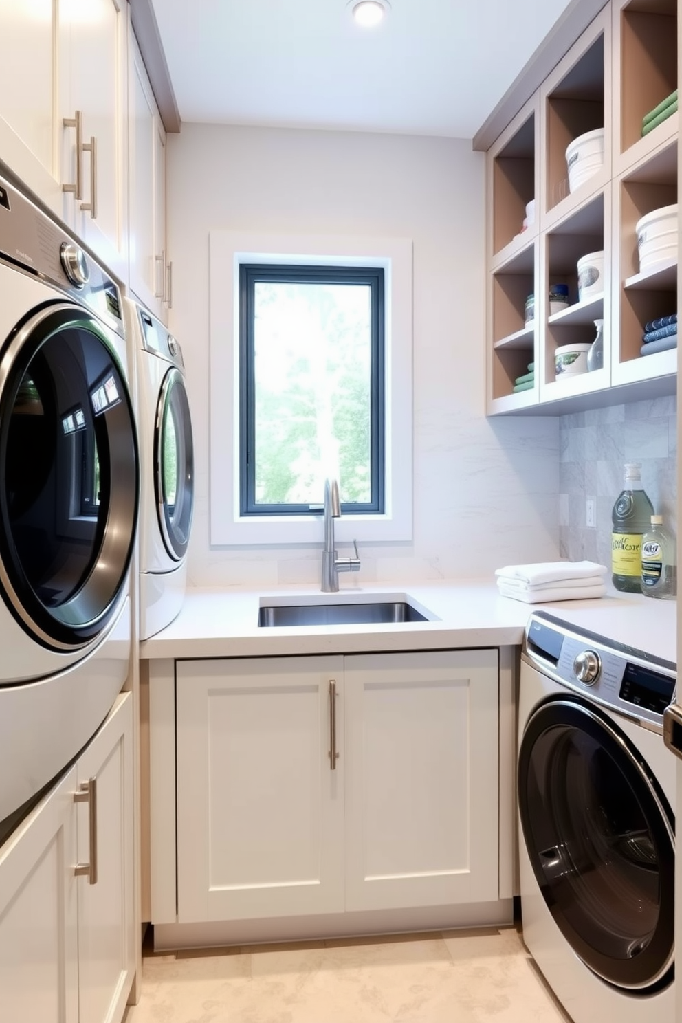 A functional laundry room featuring under-sink cabinets for extra storage. The cabinets are designed with a sleek finish and ample shelving to keep cleaning supplies organized and accessible. The room includes a spacious countertop for folding clothes and a stylish backsplash that complements the cabinetry. Natural light floods in through a window, enhancing the bright and airy atmosphere of the laundry space.