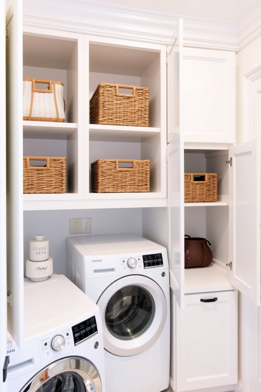 Open cabinets showcase neatly arranged decorative baskets in a stylish laundry room. The cabinets are painted in a soft white hue, providing a bright and airy feel to the space.