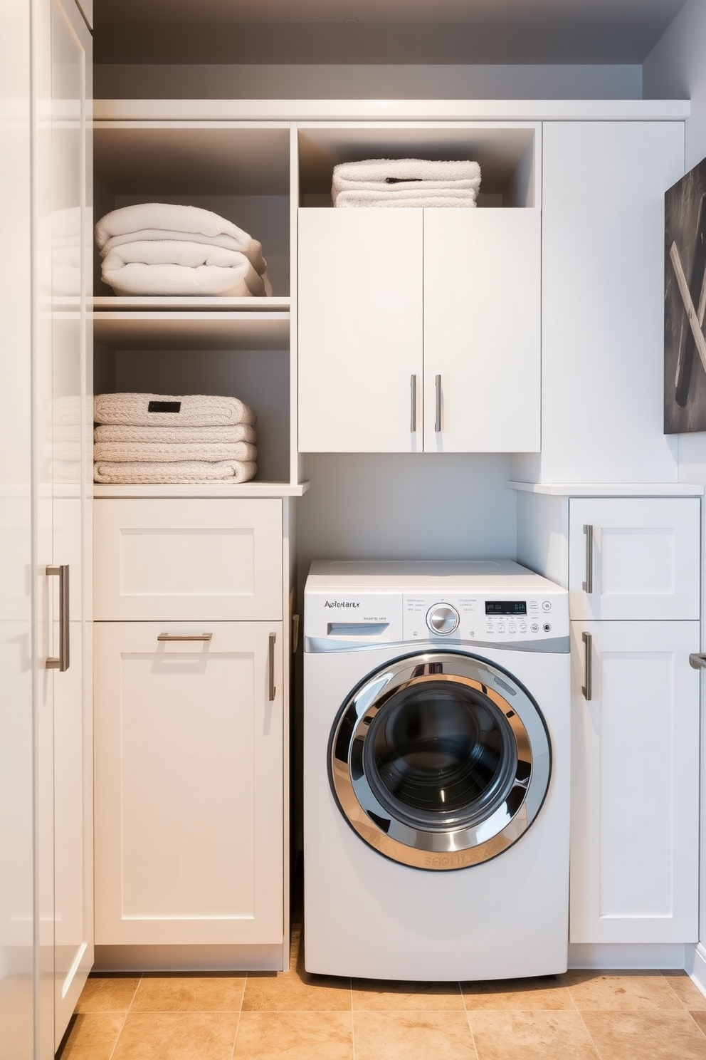 A compact laundry room featuring sleek cabinets that maximize storage without overwhelming the space. The cabinets are finished in a soft white hue with minimalistic hardware, creating a clean and modern look. The room includes a stacked washer and dryer, seamlessly integrated into the cabinetry. Above the machines, open shelving displays neatly folded towels and decorative storage baskets for organization.