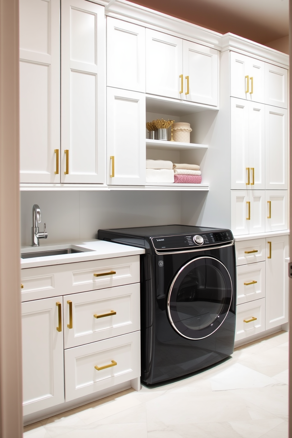 A stylish laundry room features sleek white cabinets with elegant gold accents that add a touch of luxury. The cabinets are designed with clean lines and ample storage space, making the room both functional and aesthetically pleasing.