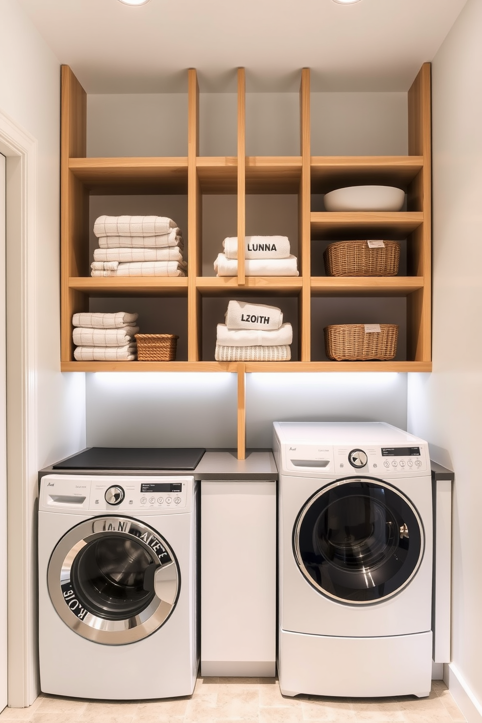 A modern laundry room features ladder-style shelves made of light wood, providing an open and airy feel. The shelves are adorned with neatly folded towels and decorative baskets, adding both functionality and style. The cabinetry is sleek and minimalist, with a high-gloss finish in a soft white color. Integrated lighting under the cabinets highlights the workspace, creating a bright and inviting atmosphere.