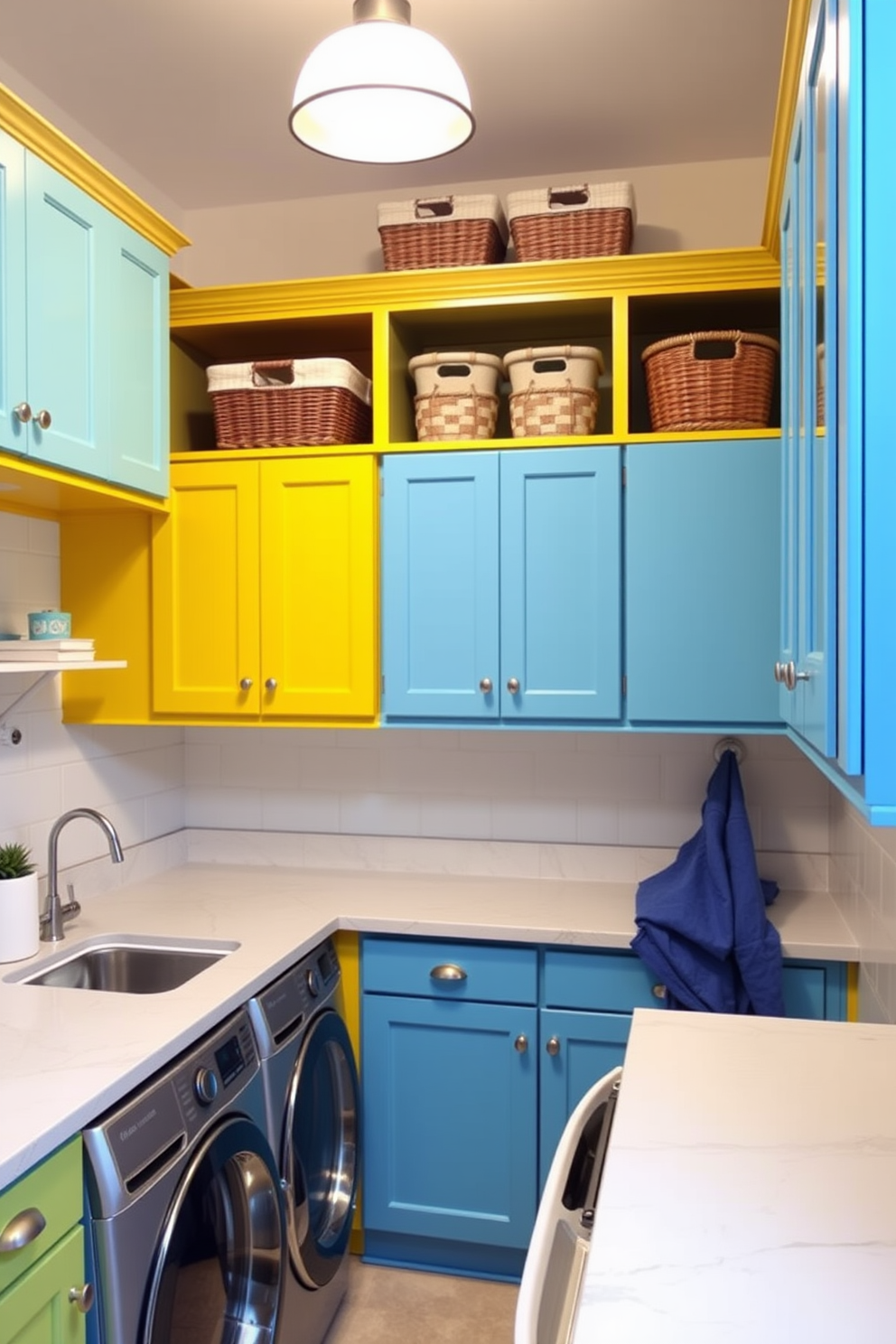 Brightly colored cabinets in a laundry room create a cheerful and inviting atmosphere. The cabinets are painted in vibrant hues such as sunny yellow and sky blue, adding a playful touch to the space. The countertops are made of durable quartz, providing ample workspace for folding laundry. Above the cabinets, open shelving displays neatly arranged baskets and decorative items, enhancing the room's functionality and charm.