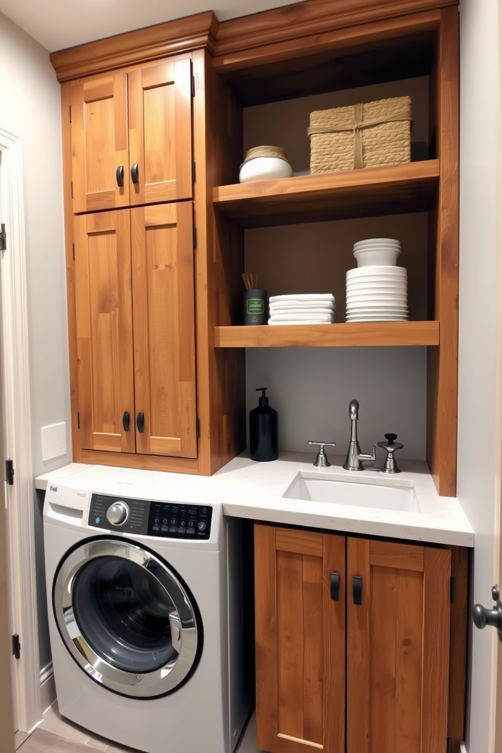 Rustic cabinets with a warm wood finish create a cozy atmosphere in the laundry room. The metal hardware accents add a touch of industrial charm, enhancing the overall aesthetic. These cabinets are designed to maximize storage while maintaining a stylish look. Open shelving above the cabinets provides a practical space for displaying decorative items and essential laundry supplies.