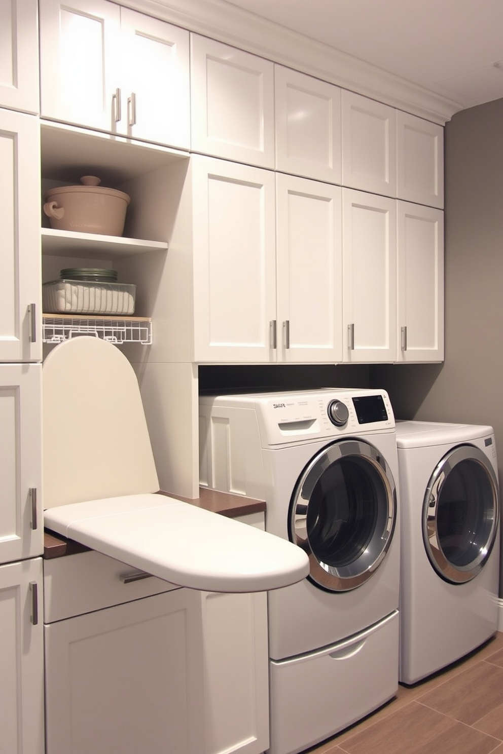 A functional laundry room featuring cabinets with a built-in ironing board for convenience. The cabinets are sleek and modern, finished in a soft white hue with brushed nickel handles, providing ample storage space for laundry essentials.