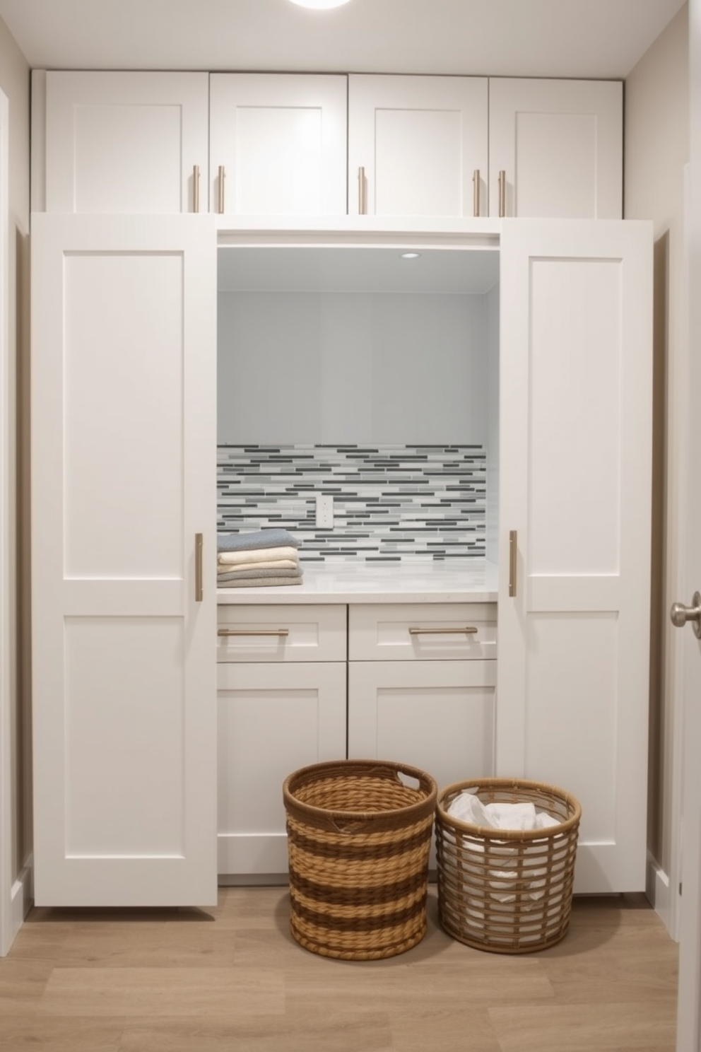 A modern laundry room features sliding doors on sleek cabinets that maximize space efficiency. The cabinets are finished in a soft white hue, complemented by brushed nickel hardware for a contemporary touch. The layout includes a countertop for folding clothes, with a stylish backsplash that adds visual interest. A basket for sorting laundry sits neatly on the floor, enhancing the room's functionality while maintaining a clean aesthetic.