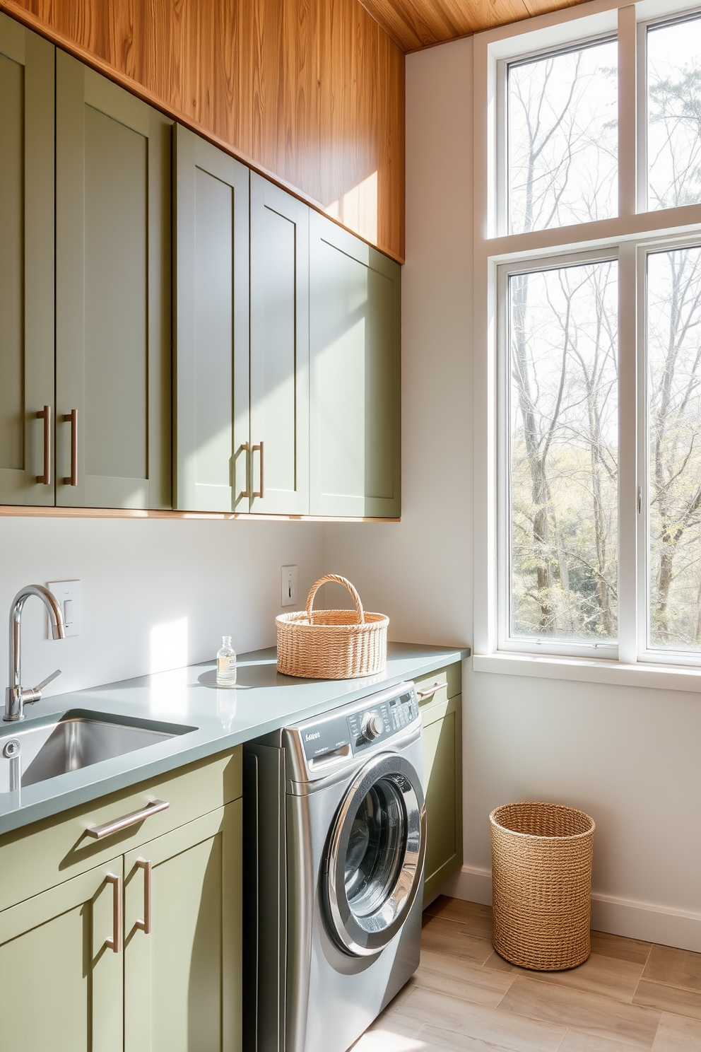 A modern laundry room featuring eco-friendly materials such as bamboo cabinets and recycled glass countertops. The space is bright and airy with large windows allowing natural light to flood in, complemented by energy-efficient appliances. The cabinets are designed with clean lines and a minimalist aesthetic, finished in a soft matte green to promote a calming atmosphere. A stylish basket made from organic fibers sits on the countertop, adding a touch of warmth and texture to the design.