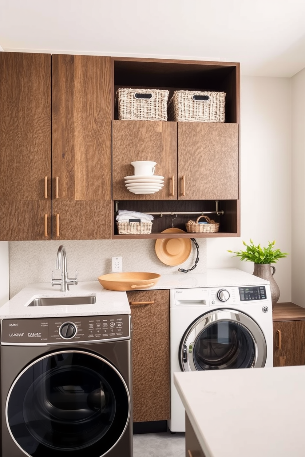 Textured cabinets create a striking focal point in a laundry room, adding depth and character to the space. Consider incorporating a mix of materials, such as wood and metal, to enhance the visual appeal of the cabinetry. Incorporate open shelving above the cabinets to display decorative items or neatly arranged baskets. The color palette should complement the overall design, using soft neutrals or bold hues to create a stylish and functional laundry area.