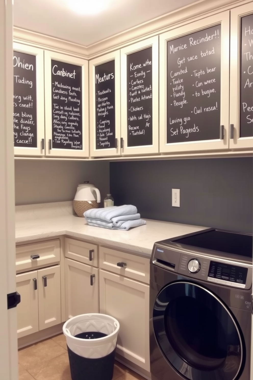 A functional laundry room featuring cabinets painted with chalkboard paint for easy note-taking and reminders. The space includes a spacious countertop for folding clothes and a stylish laundry basket in the corner.