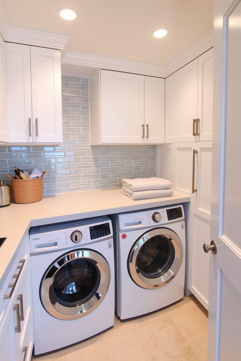 Integrated laundry room with kitchen cabinets. The space features sleek cabinetry that matches the kitchen, creating a seamless transition between the two areas. Bright white cabinets line the walls, offering ample storage for laundry essentials. A countertop extends above the washer and dryer, providing a functional workspace for folding clothes.