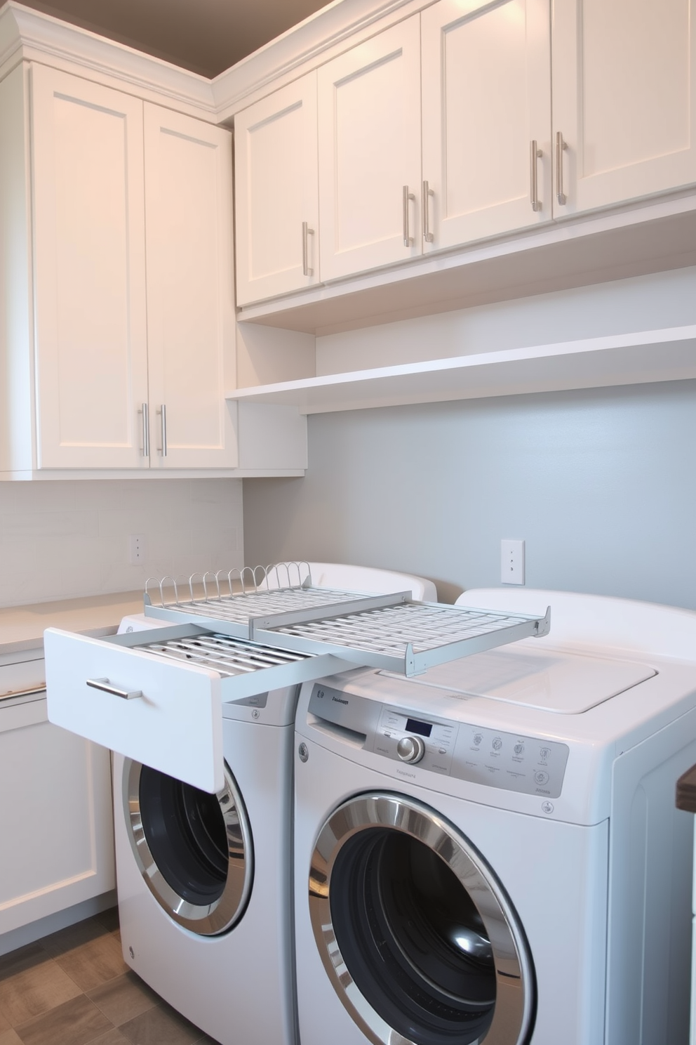 A functional laundry room featuring cabinets with pull-out drying racks for efficient organization. The cabinets are finished in a soft white hue, complemented by sleek silver handles for a modern touch. The room is designed with ample storage space, including shelves above the washer and dryer. A subtle gray backsplash adds a stylish contrast to the cabinetry, creating a clean and inviting atmosphere.