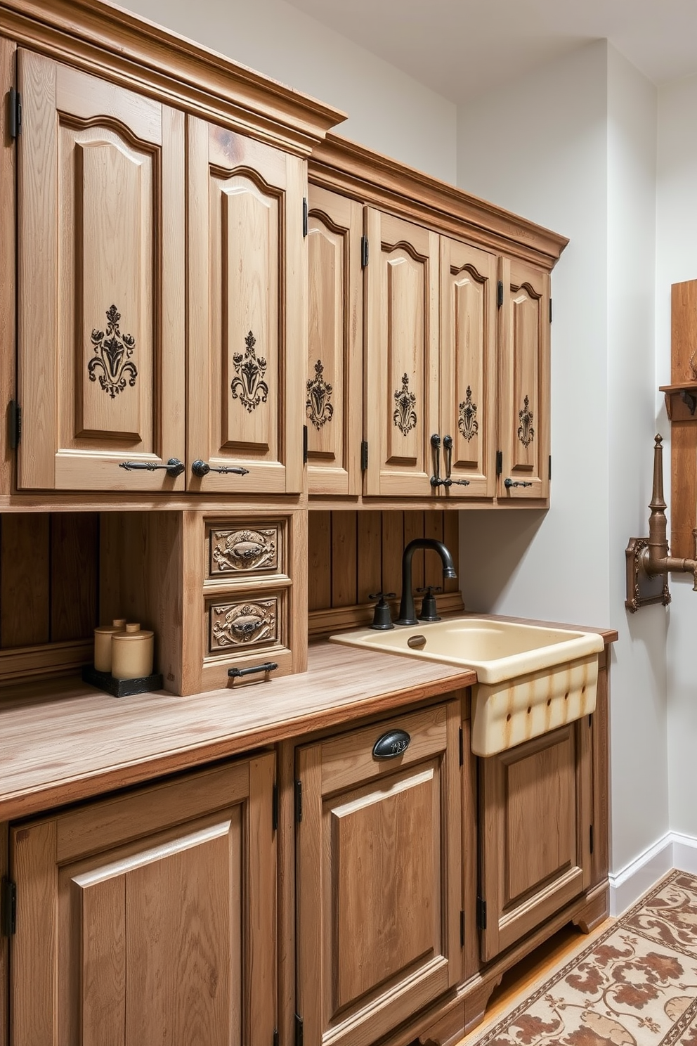 A vintage style laundry room features distressed wood cabinets with intricate carvings and a weathered finish. The cabinets are complemented by a rustic farmhouse sink and vintage-style fixtures, creating a charming and functional space.