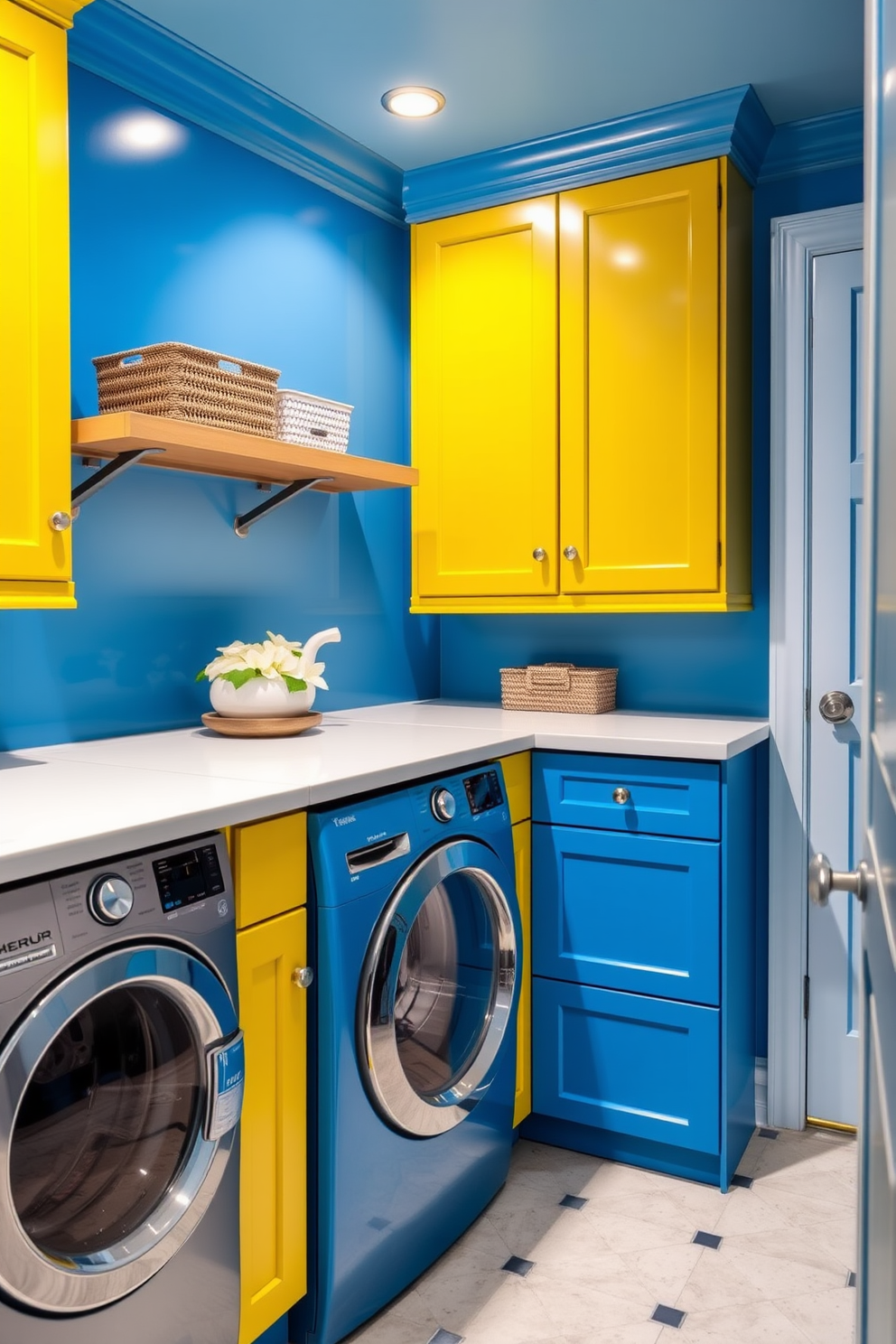 A vibrant laundry room featuring colorful cabinetry in shades of blue and yellow. The contrasting white quartz countertops provide a sleek workspace, enhancing the overall brightness of the space.