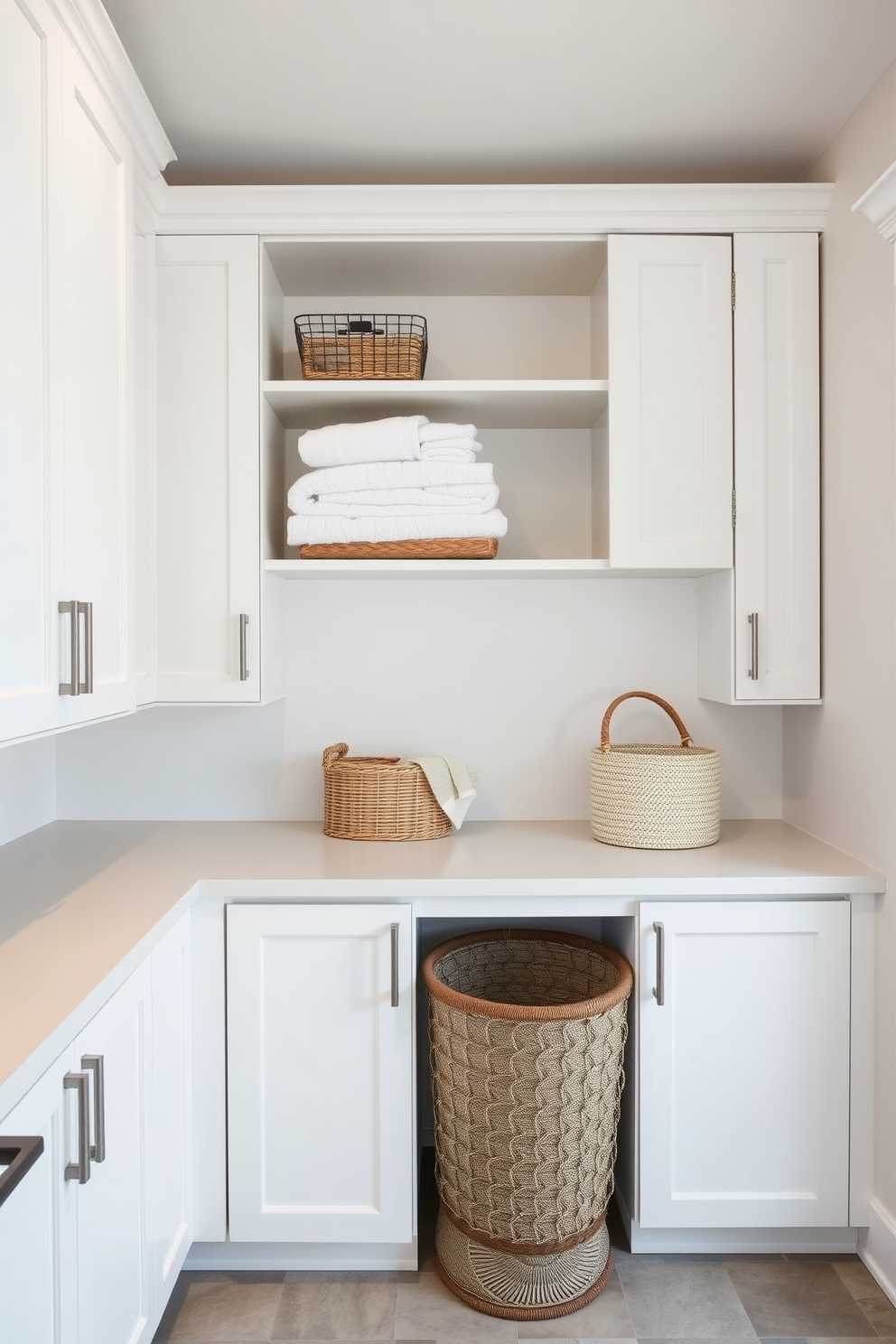 Minimalist cabinets with clean lines create a sleek and organized laundry room. The cabinets are finished in a soft white color, enhancing the bright and airy feel of the space. Above the countertop, open shelving displays neatly folded towels and decorative storage baskets. A stylish laundry basket sits in the corner, adding functionality without compromising the minimalist aesthetic.