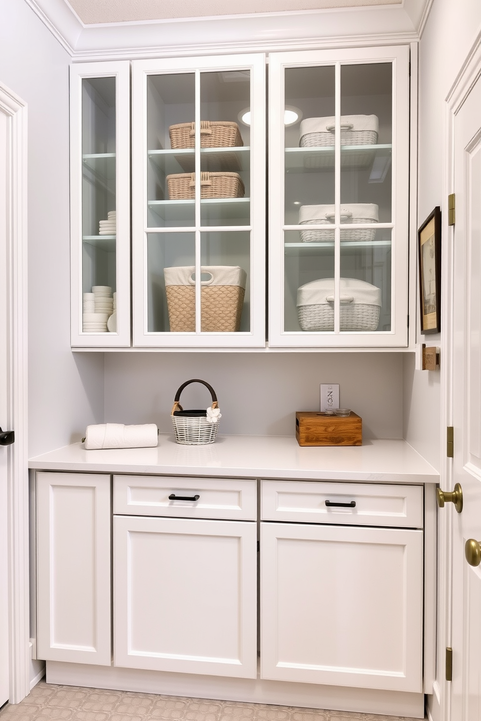 A bright and airy laundry room features glass-front cabinets that showcase neatly organized laundry essentials and decorative storage baskets. The cabinets are framed in a soft white finish, complementing the light gray walls and providing a modern yet inviting atmosphere. A spacious countertop sits below the cabinets, perfect for folding clothes and adding a touch of functionality. The floor is adorned with a chic patterned tile that adds visual interest while remaining practical for everyday use.